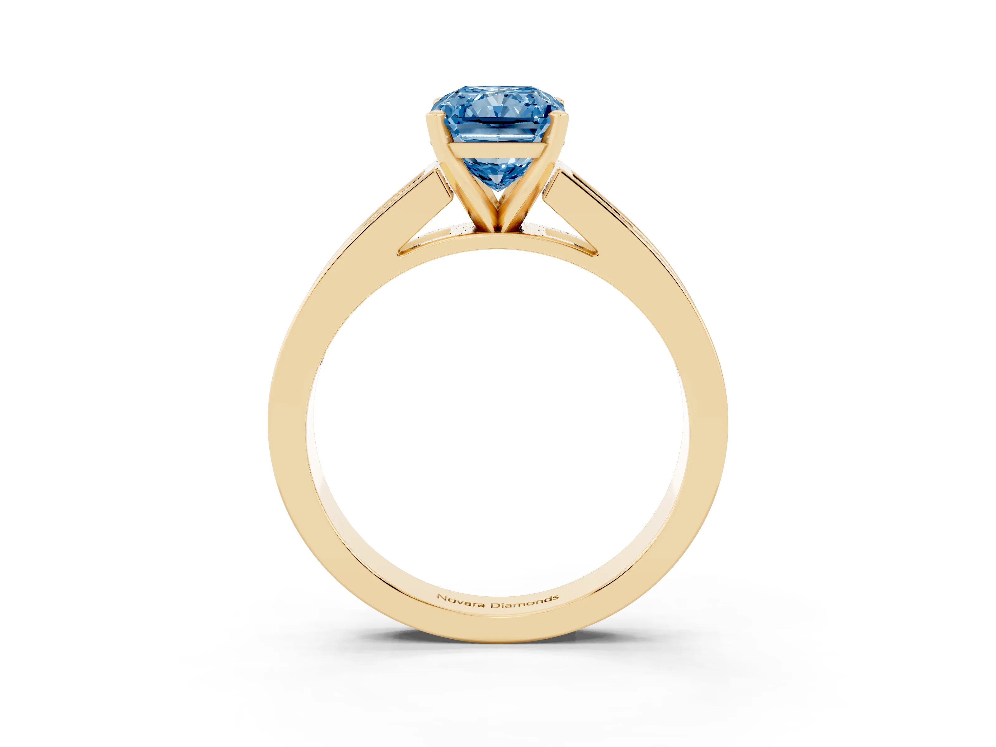 Fancy Blue Radiant Cut Diamond Solitaire Ring Set in Yellow gold with Channel-Set Band and Prong Setting