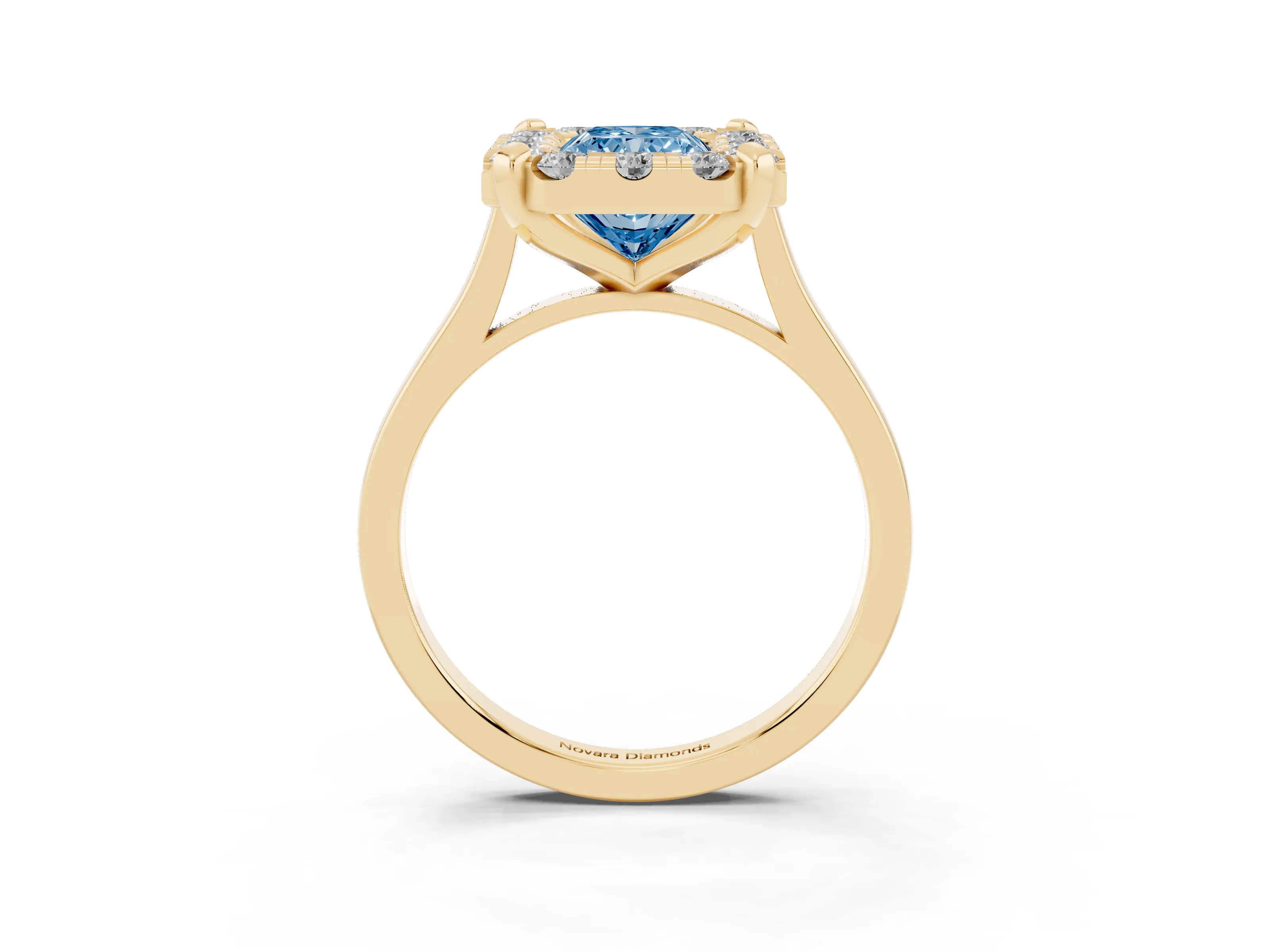 Fancy Blue Radiant Cut Diamond Cluster Halo Solitaire Ring Set in Yellow gold with Prong Setting
