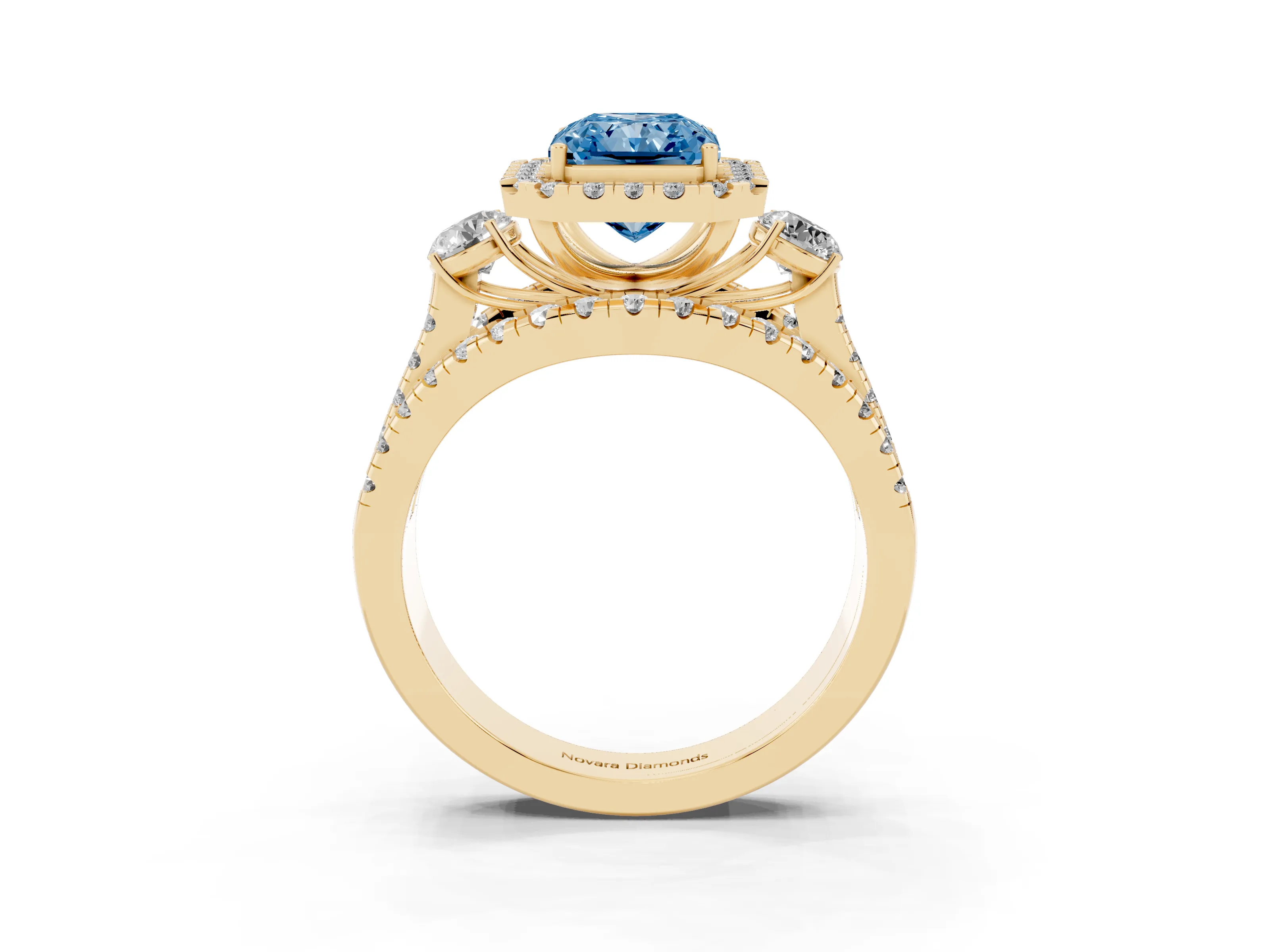 Fancy Blue Radiant Cut Diamond Halo Split Shank Ring Set in Yellow gold with Round Accent Stones and Prong Setting