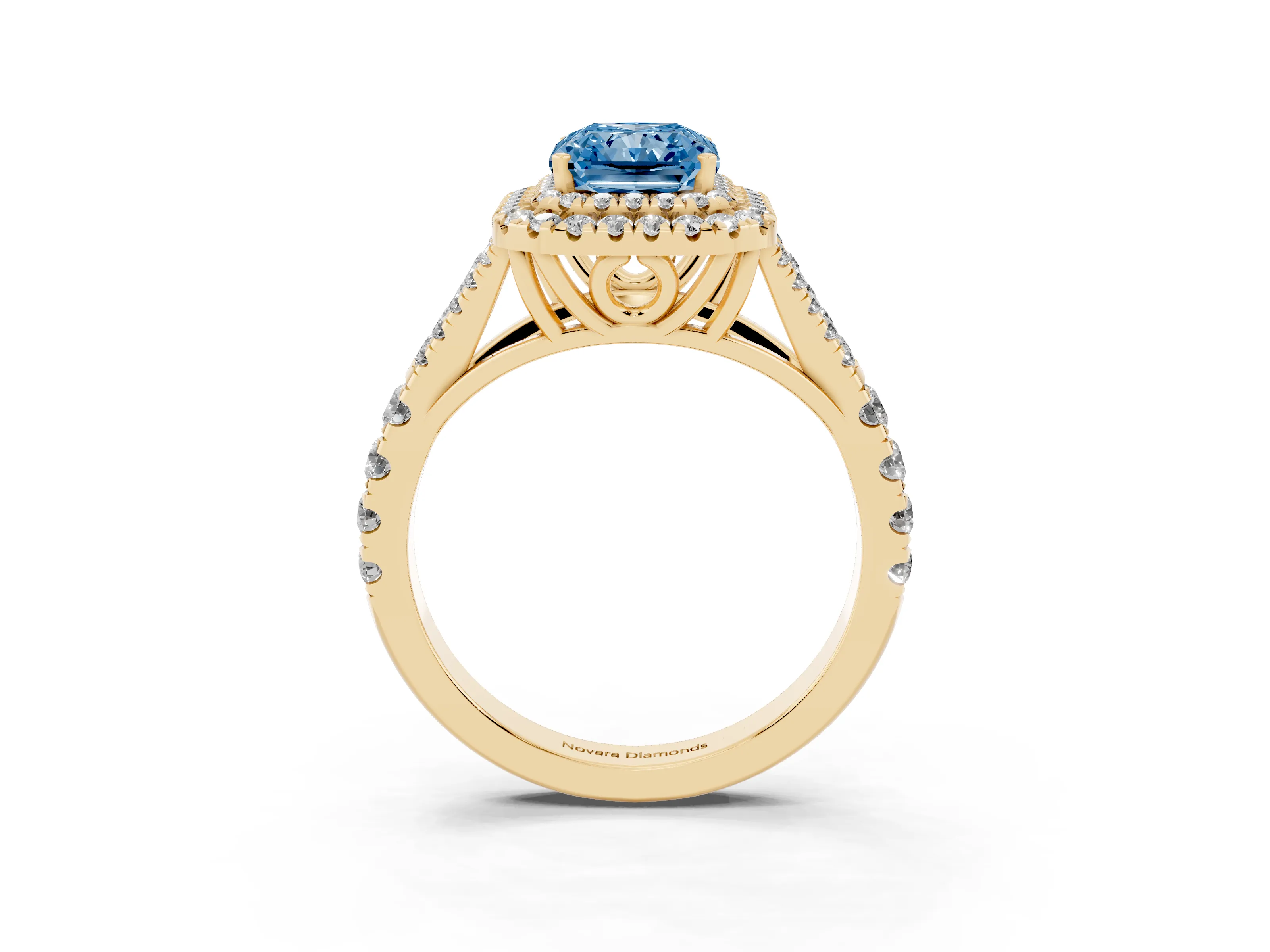Fancy Blue Radiant Cut Diamond Pavé Split Shank Double Halo Engagement Ring Set in Yellow gold