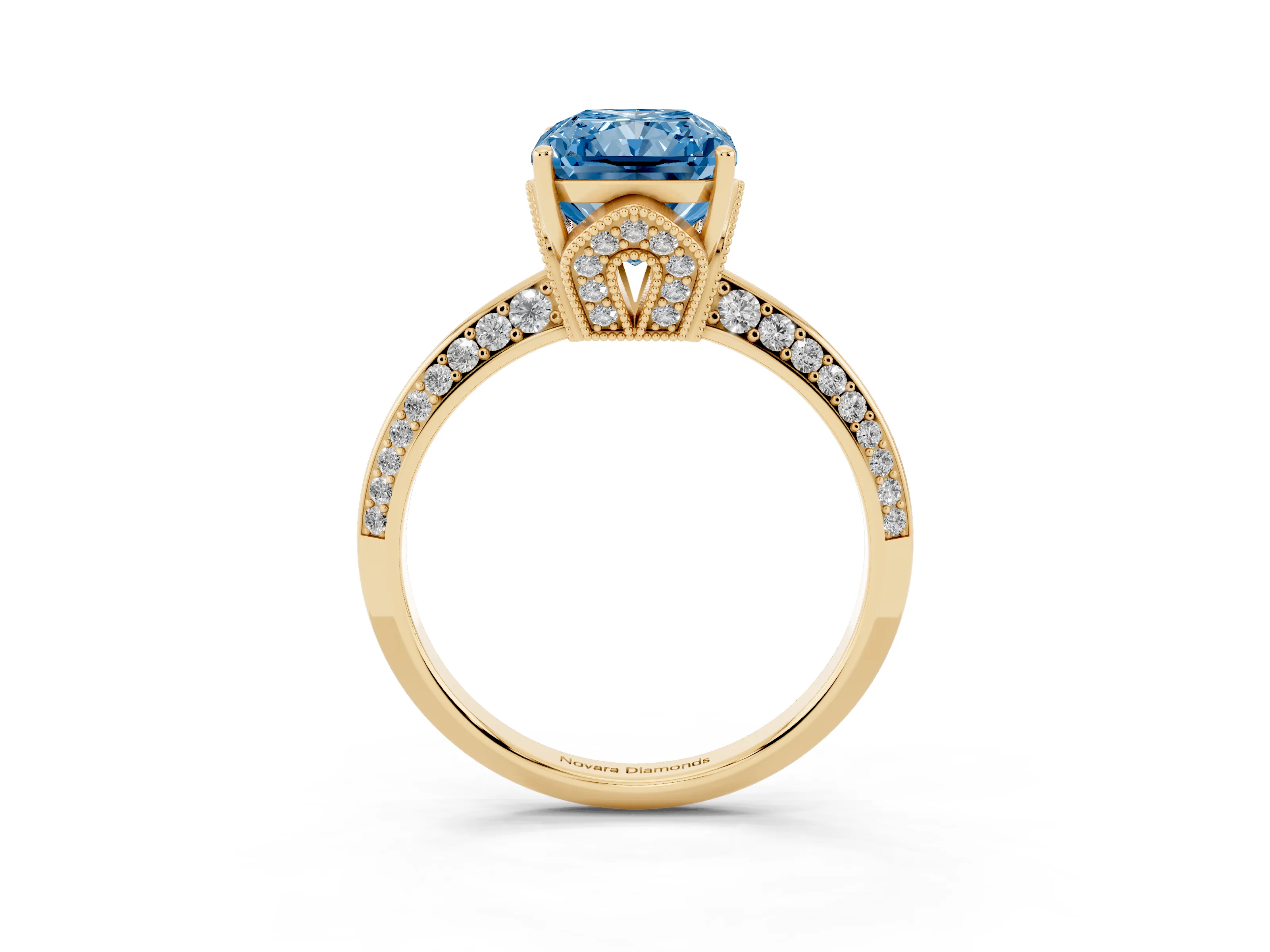 Fancy Blue Radiant Cut Diamond Solitaire Engagement Ring Set in Yellow gold with Pavé Split Shank and Prong Setting
