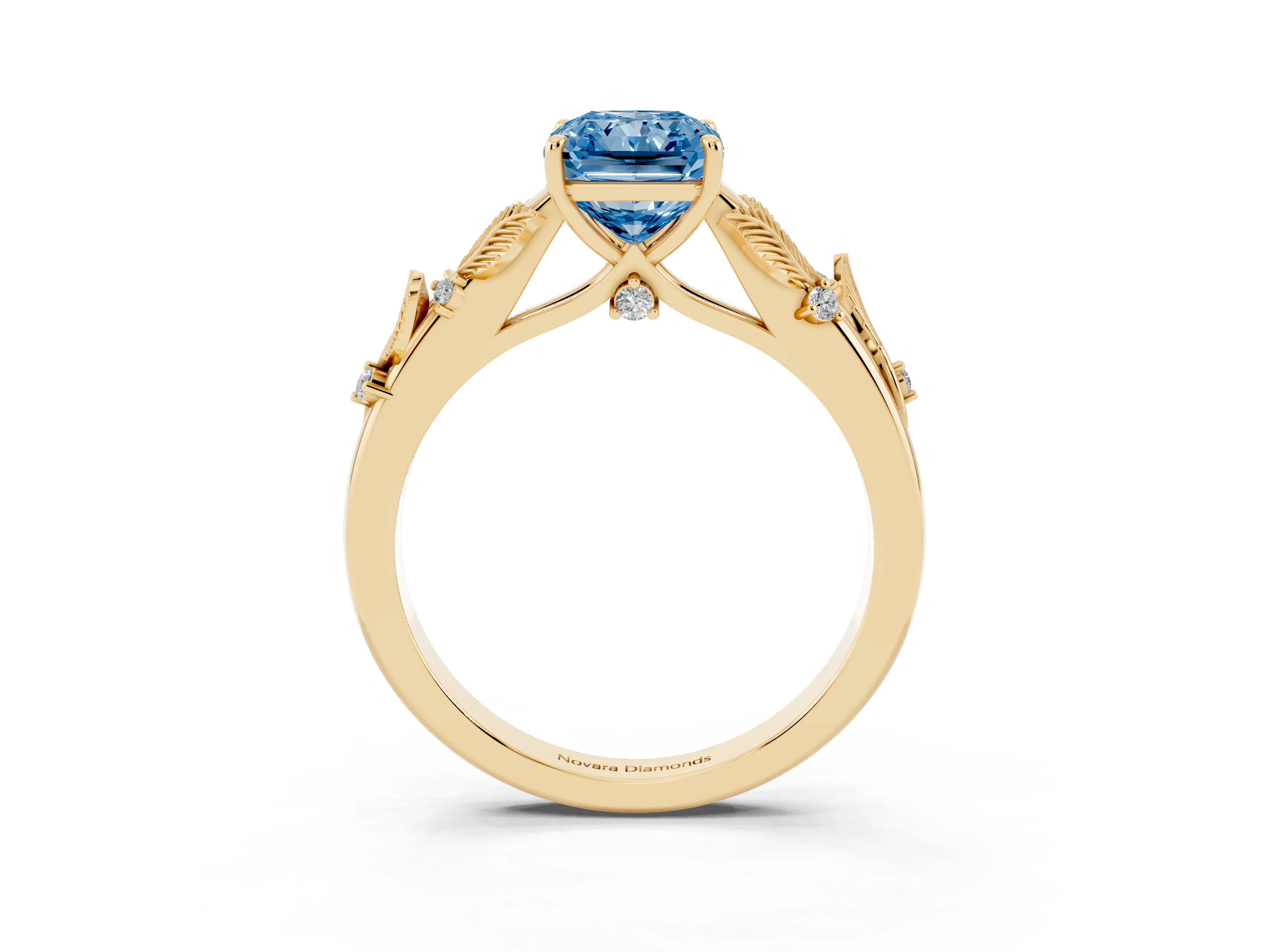 Fancy Blue Radiant Cut Diamond Solitaire Ring Set in Yellow gold with Leaf Motif Band