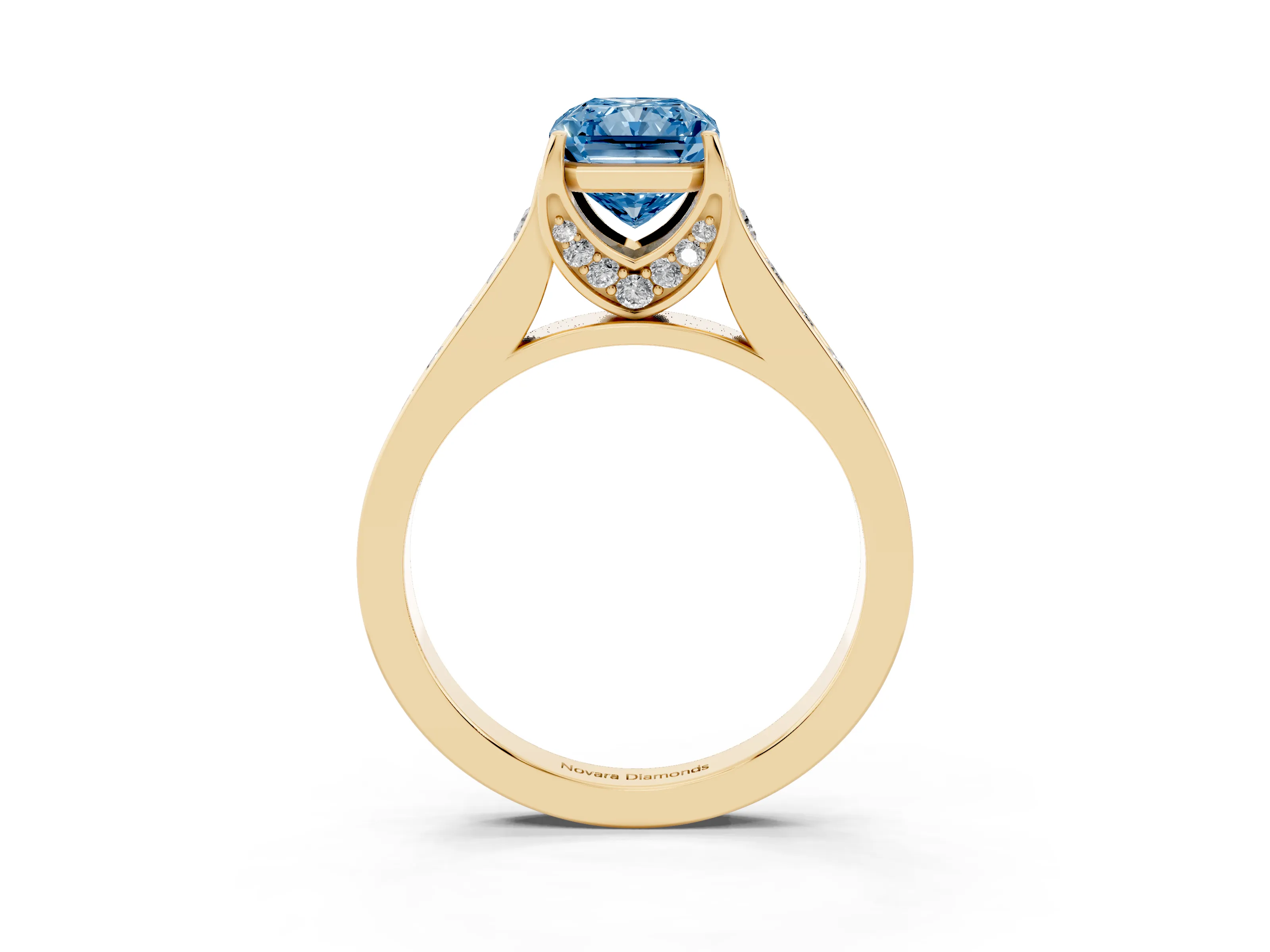 Fancy Blue Radiant Cut Diamond Solitaire Pavé Engagement Ring Set in Yellow gold with Prong Setting