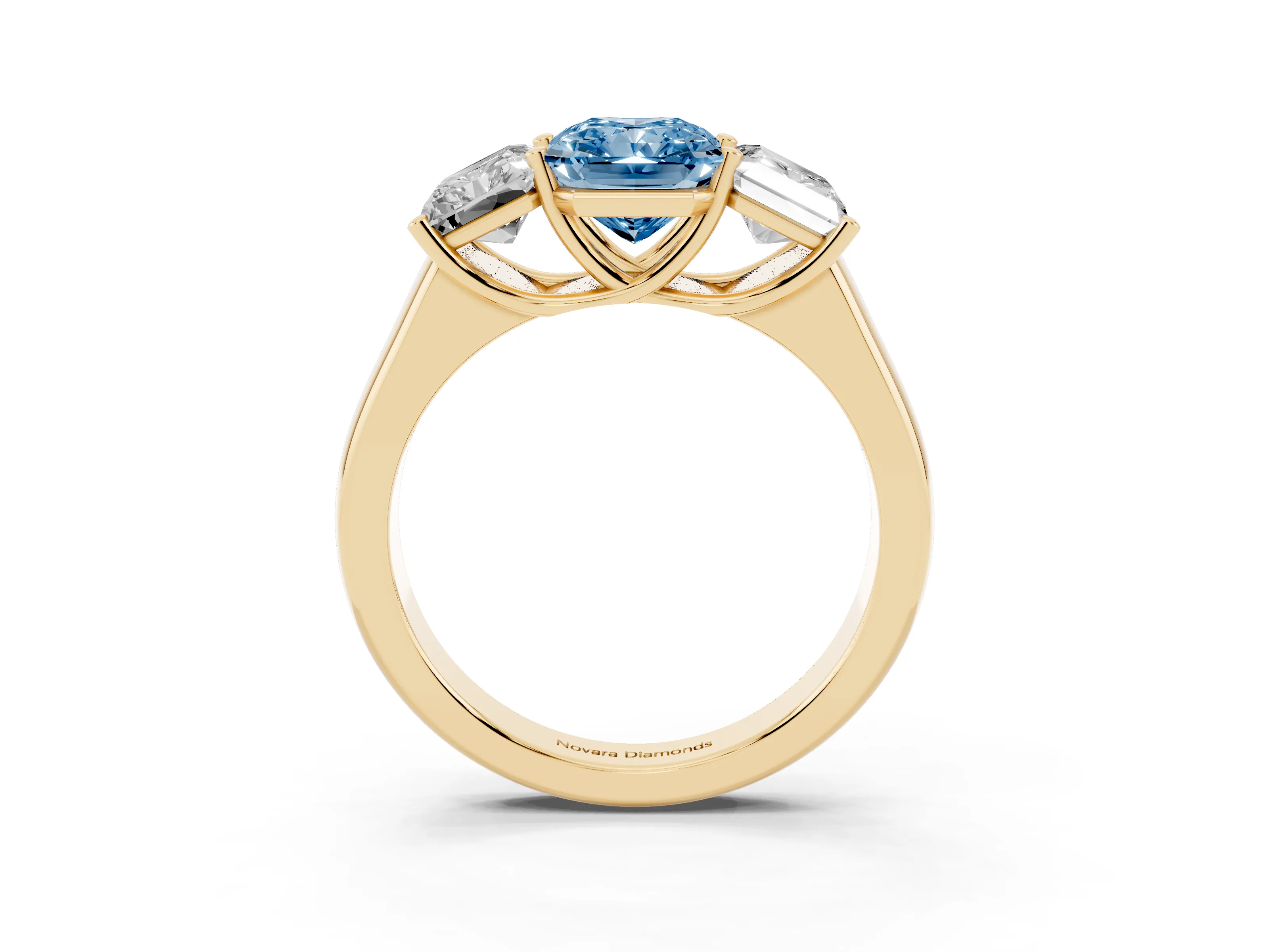 Fancy Blue Radiant Cut Diamond Three-Stone Ring Set in Yellow gold with Plain Polished Band
