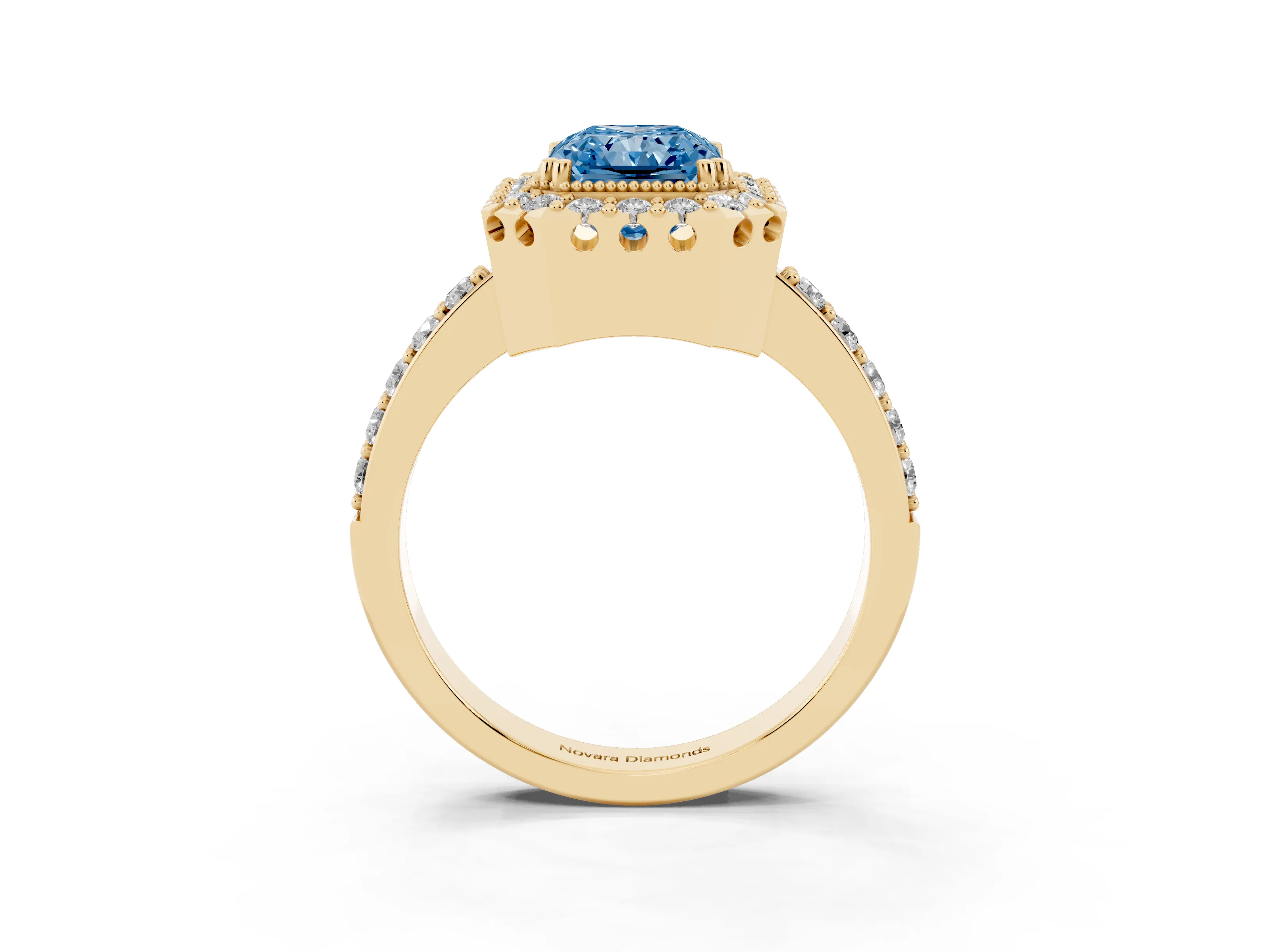 Fancy Blue Radiant Cut Diamond Halo Ring Set in Yellow gold with Pavé Shank and Prong Setting