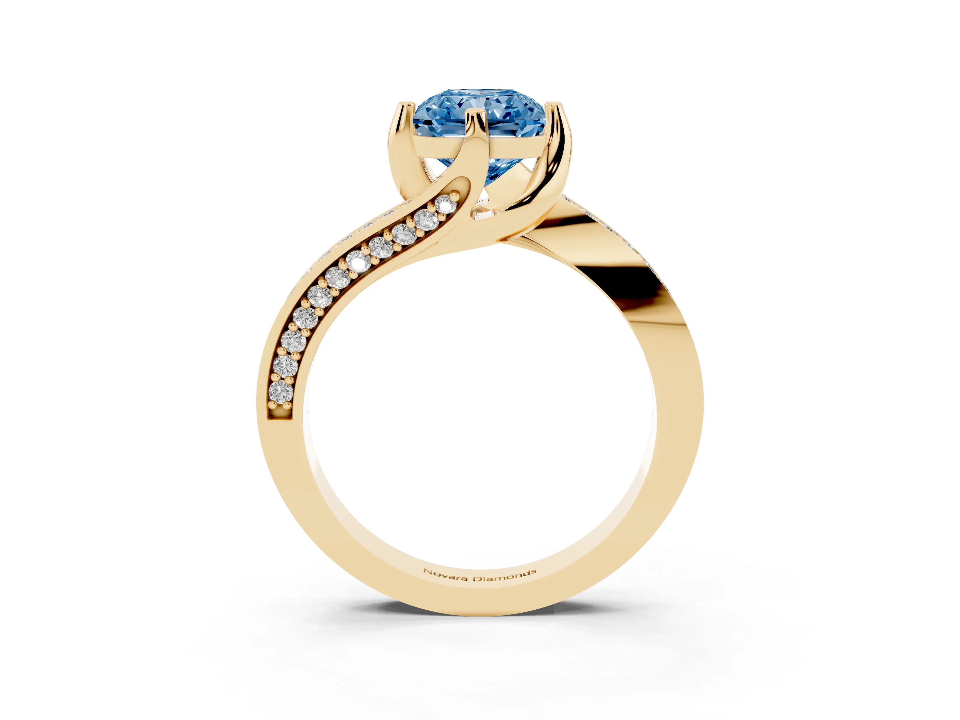 Fancy Blue Radiant Cut Diamond Solitaire Ring Set in Yellow gold with Intertwined Pavé Twist Band