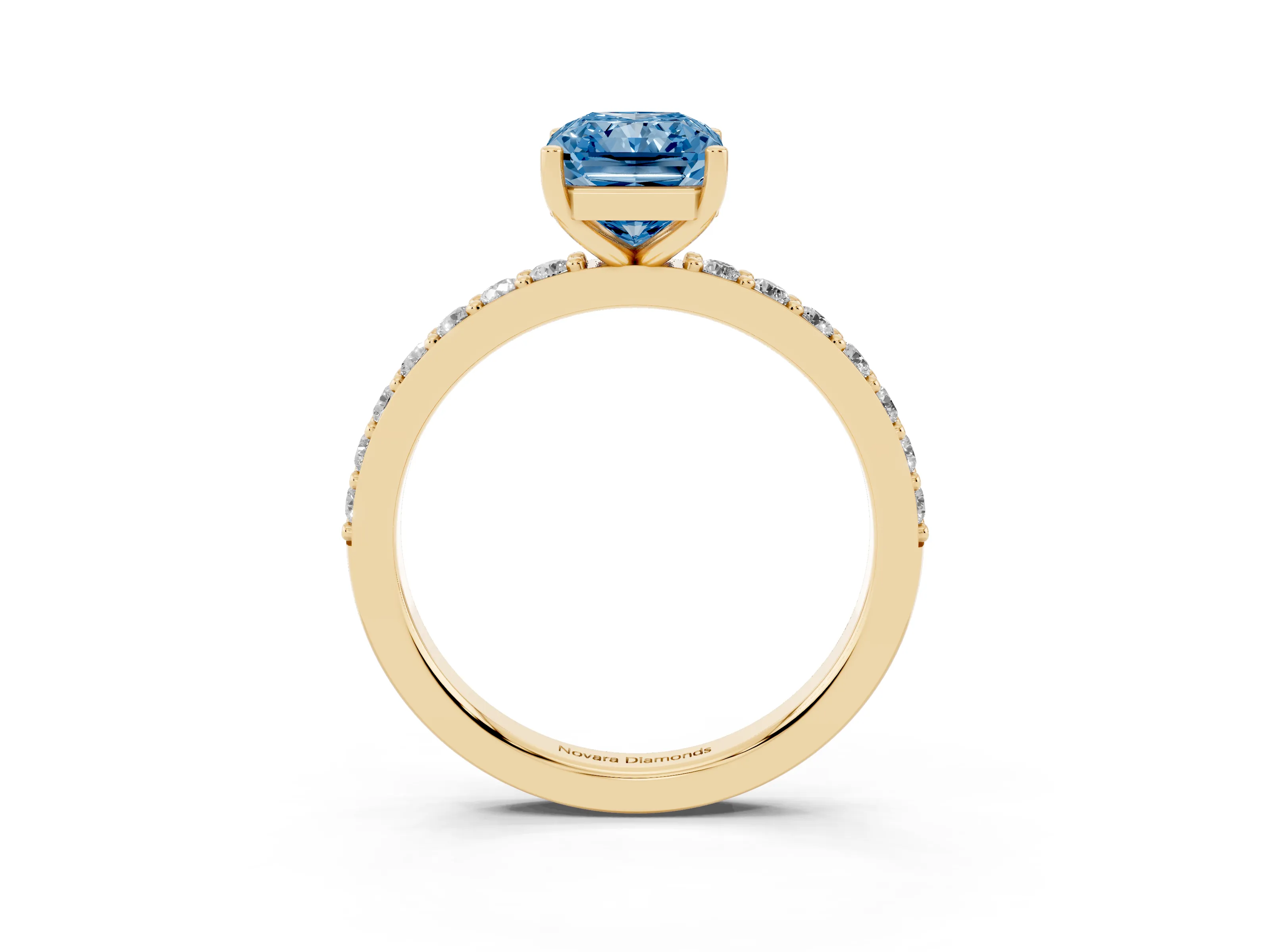 Fancy Blue Radiant Cut Diamond Solitaire Set in Yellow gold with Round Pavé Band and Prong Setting