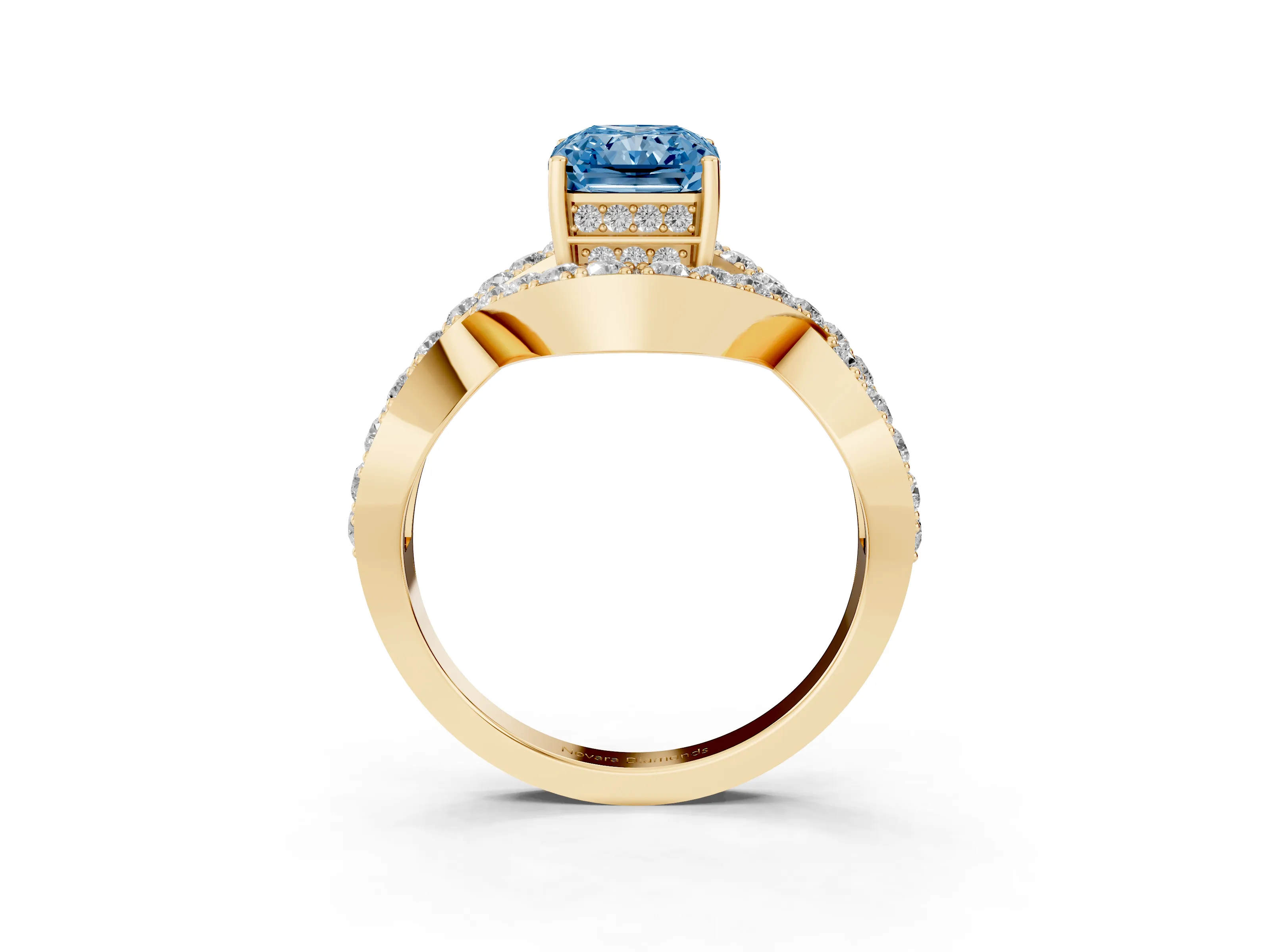 Fancy Blue Radiant Cut Diamond Solitaire Twist Band Pavé Engagement Ring Set in Yellow gold