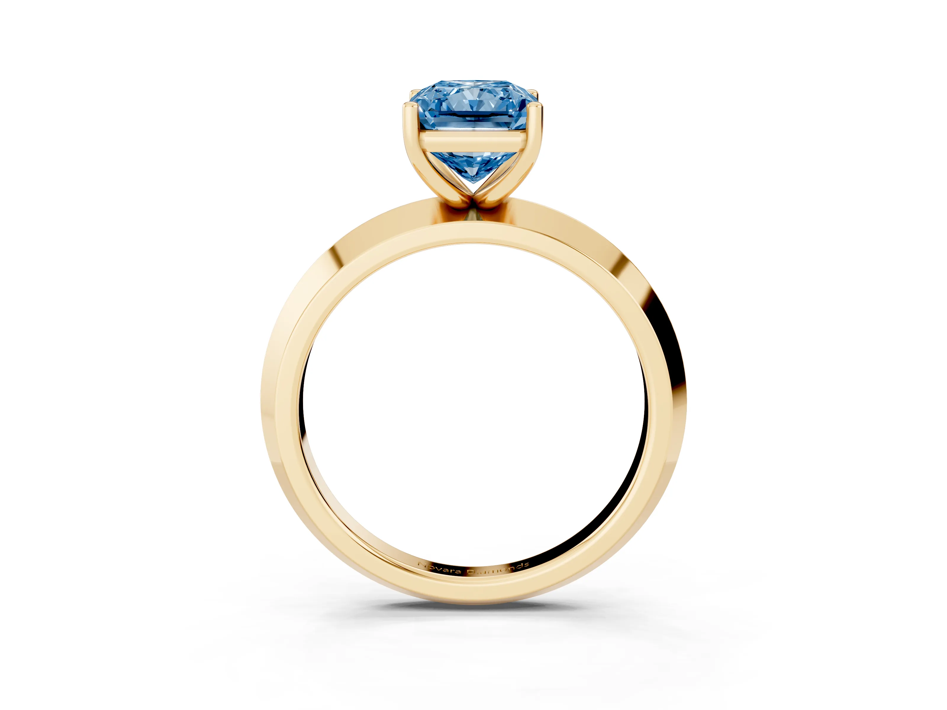 Fancy Blue Radiant Cut Diamond Solitaire Engagement Ring Set in Yellow gold with Flat Band and Prong Setting
