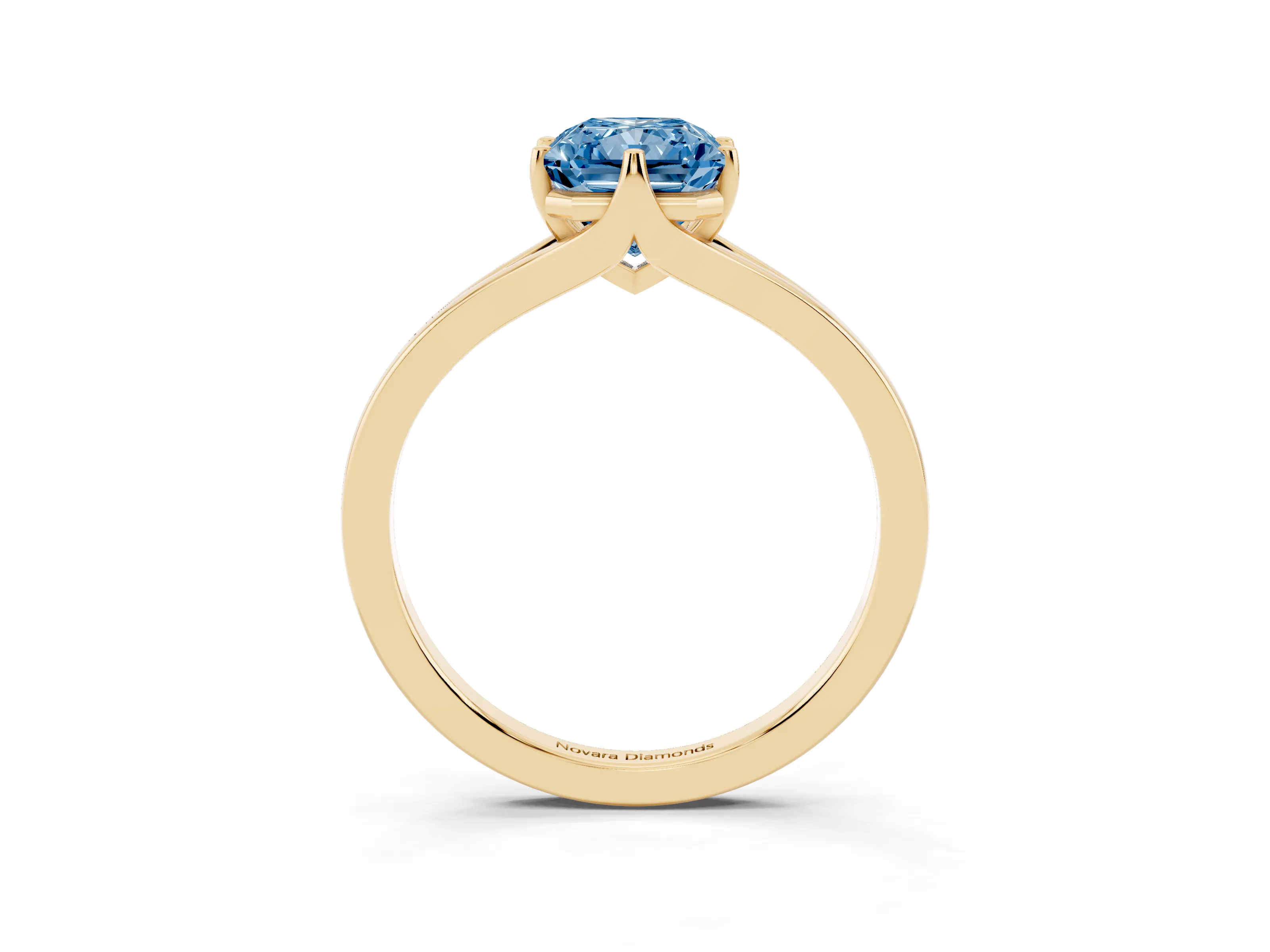 Fancy Blue Radiant Cut Diamond Solitaire Ring Set in Yellow gold with Polished Tapered Band and Prong Setting