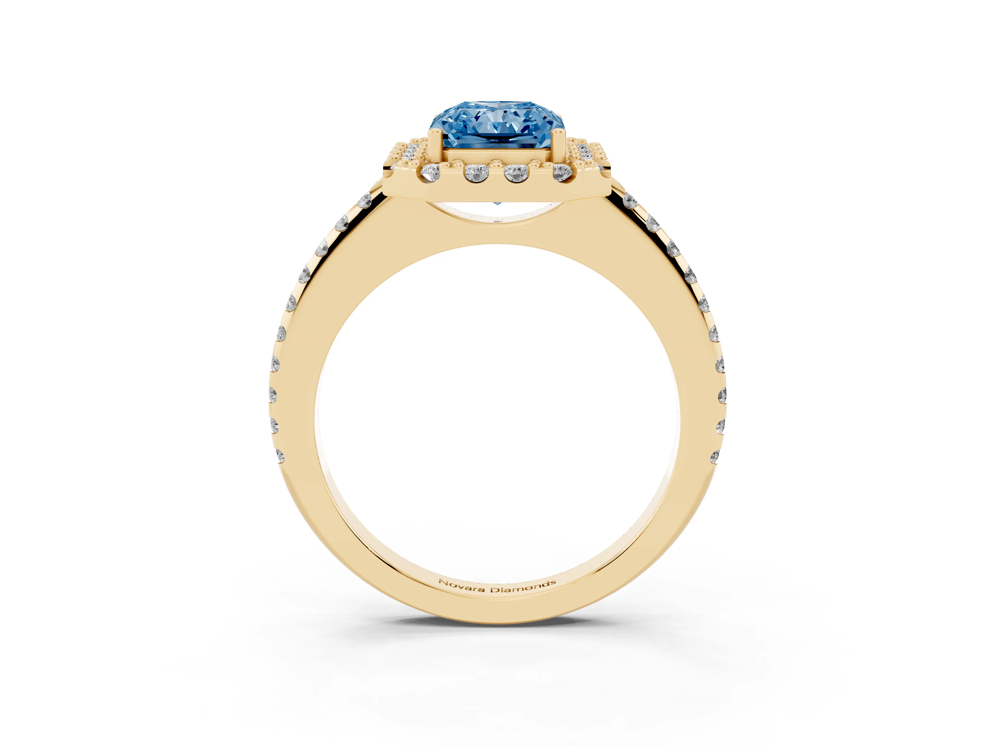Fancy Blue Radiant Cut Diamond Pavé Halo Ring Set in Yellow gold with Prong Setting