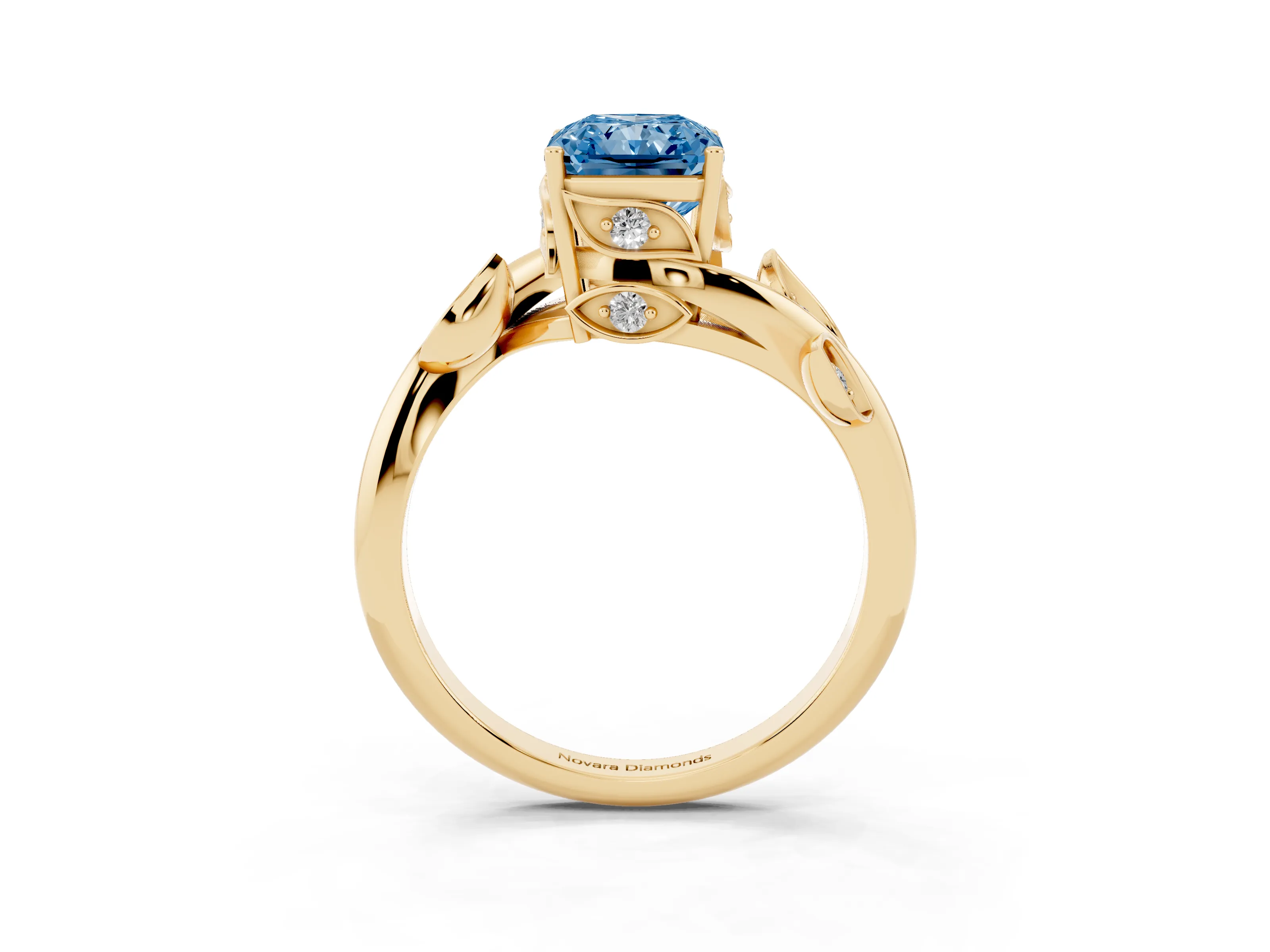 Fancy Blue Radiant Cut Diamond Solitaire Twist Engagement Ring Set in Yellow gold with Pavé Leaf Accents