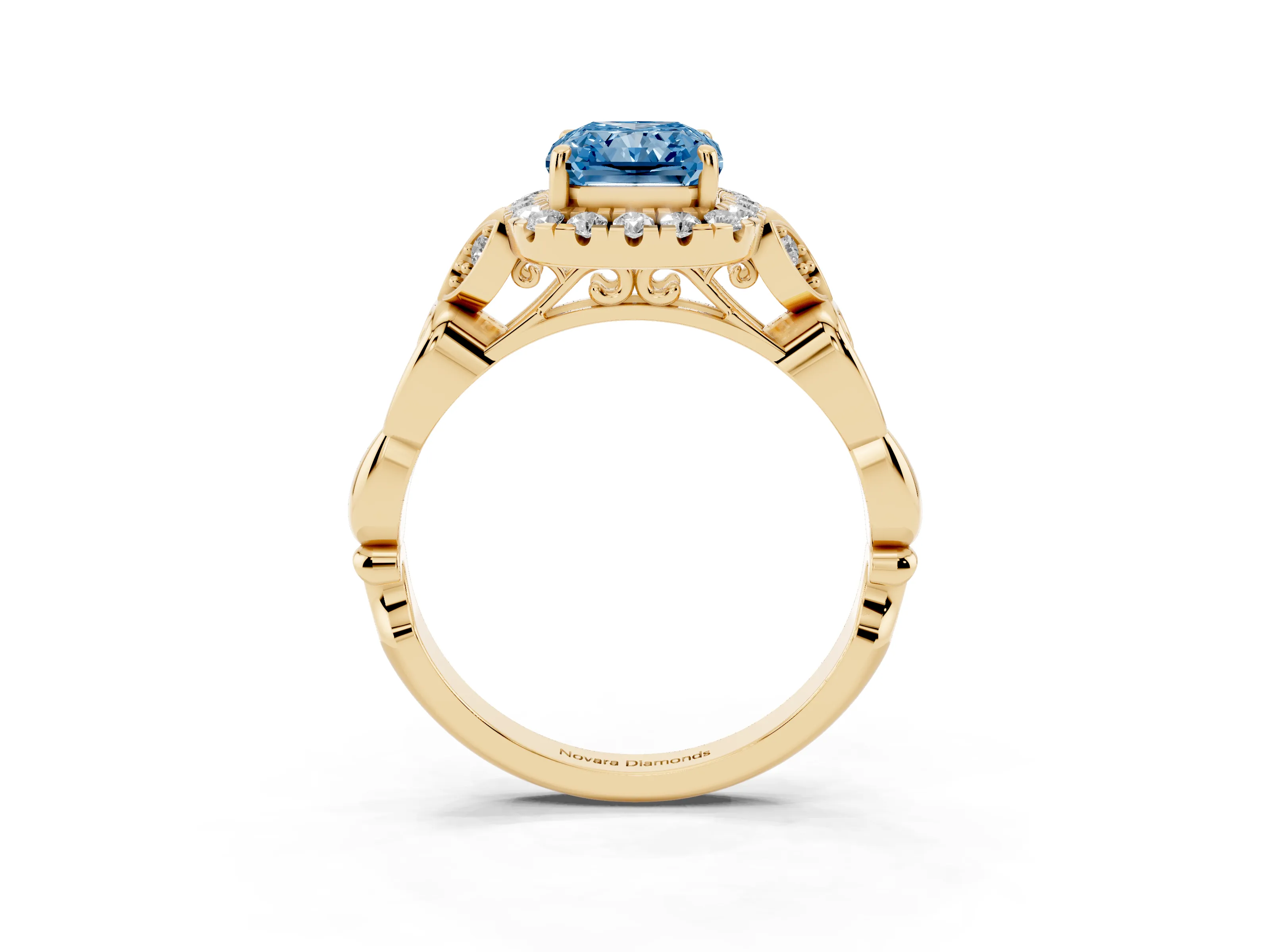 Fancy Blue Radiant Cut Diamond Halo Engagement Ring Set in Yellow gold with Vintage-Inspired Band and Prong Setting