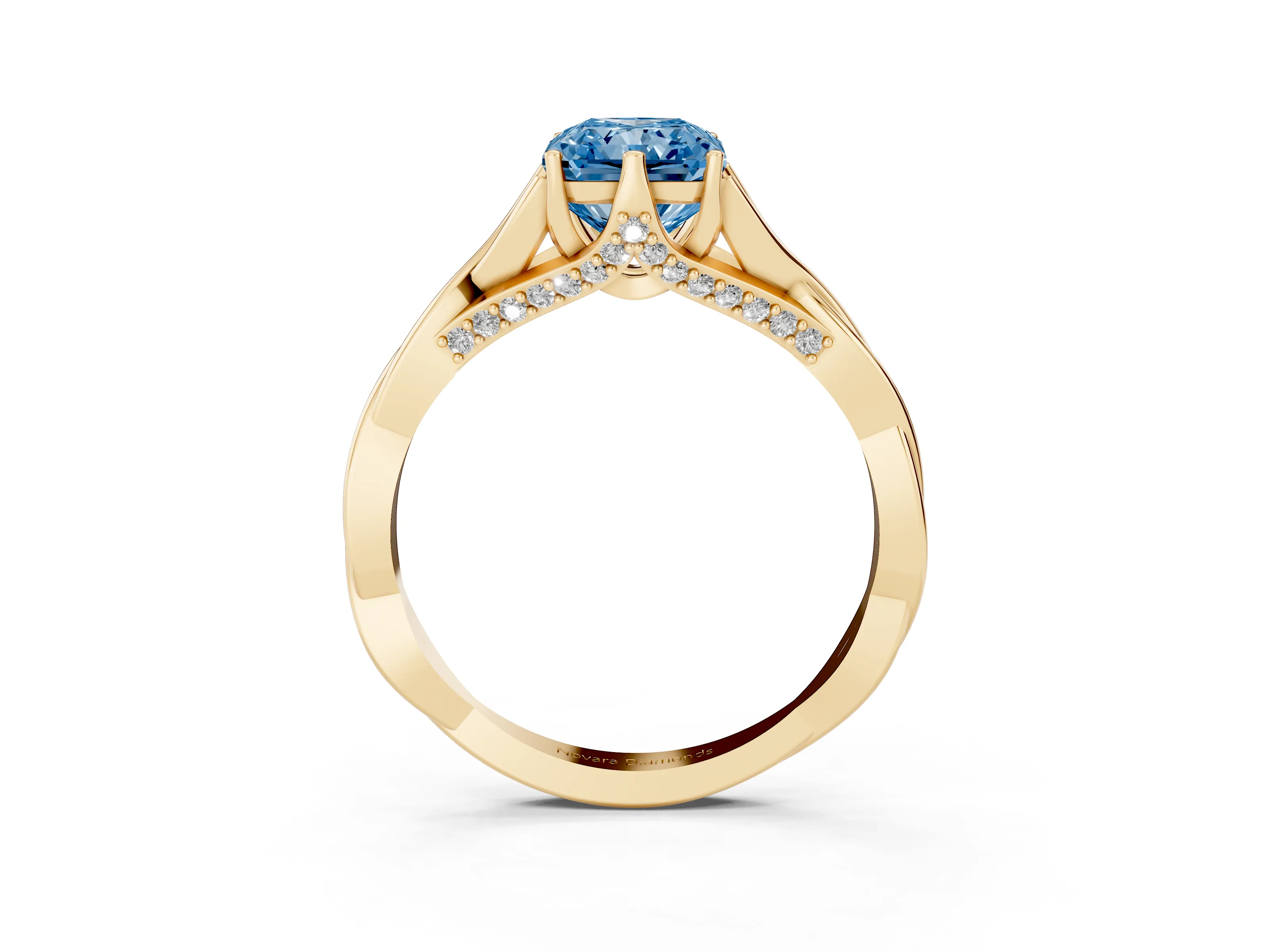 Fancy Blue Radiant Cut Diamond Intertwined Twist Band Solitaire Ring Set in Yellow gold with Prong Setting