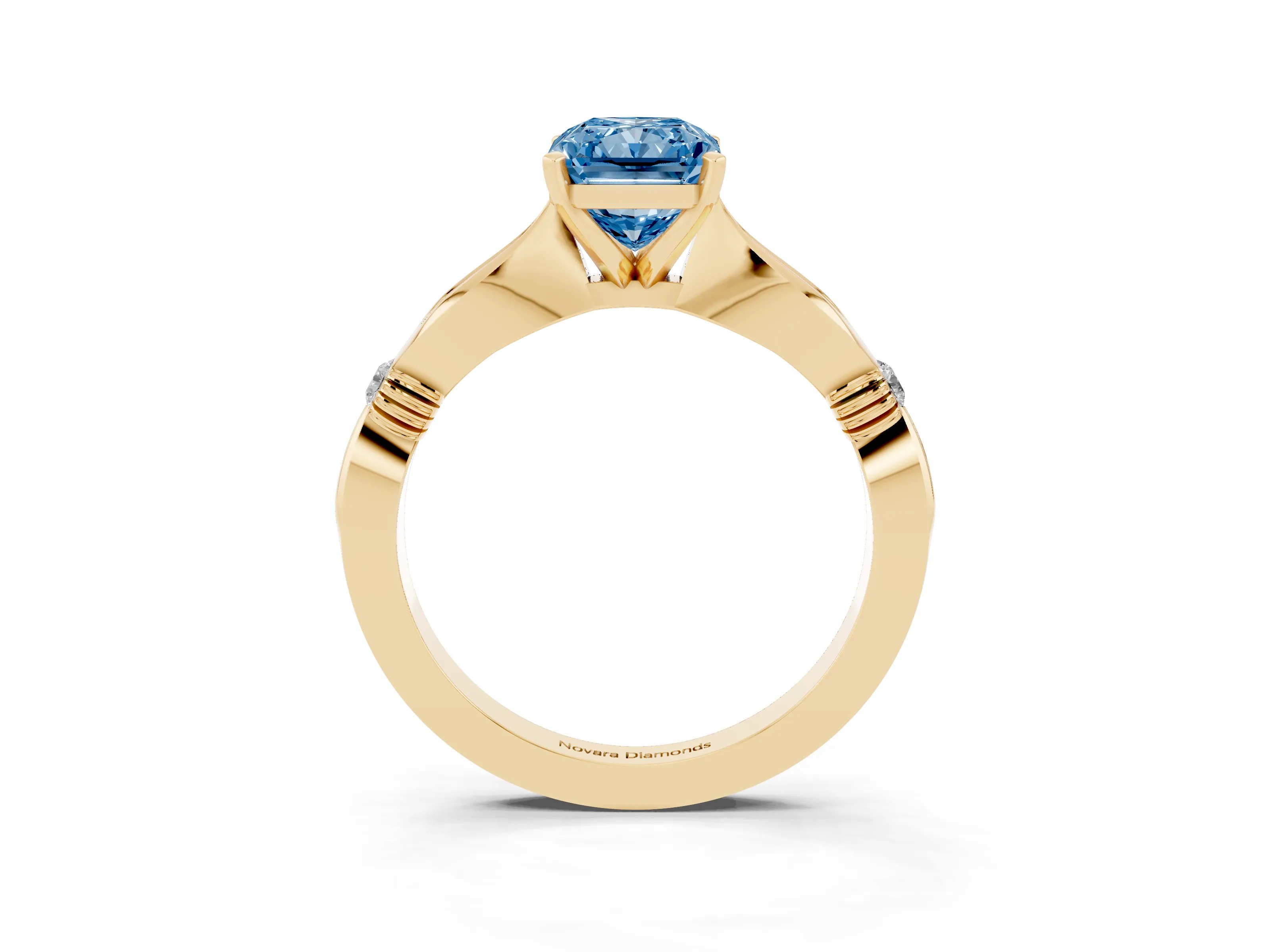 Fancy Blue Radiant Cut Diamond Solitaire Twisted Band Ring Set in Yellow gold with Accent Stones and Prong Setting