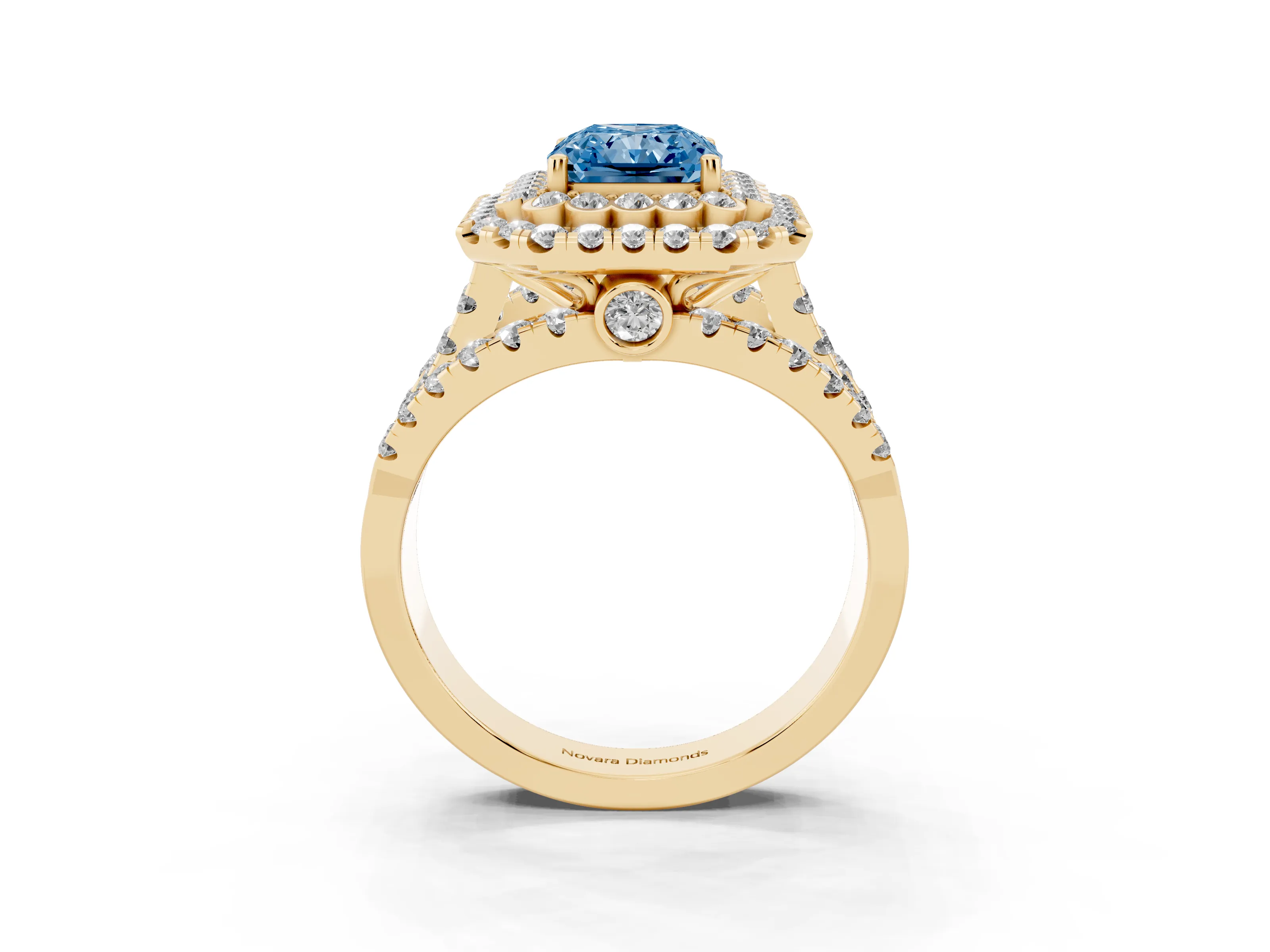 Fancy Blue Radiant Cut Diamond Double Halo Ring Set in Yellow gold with Round Pavé Split Shank