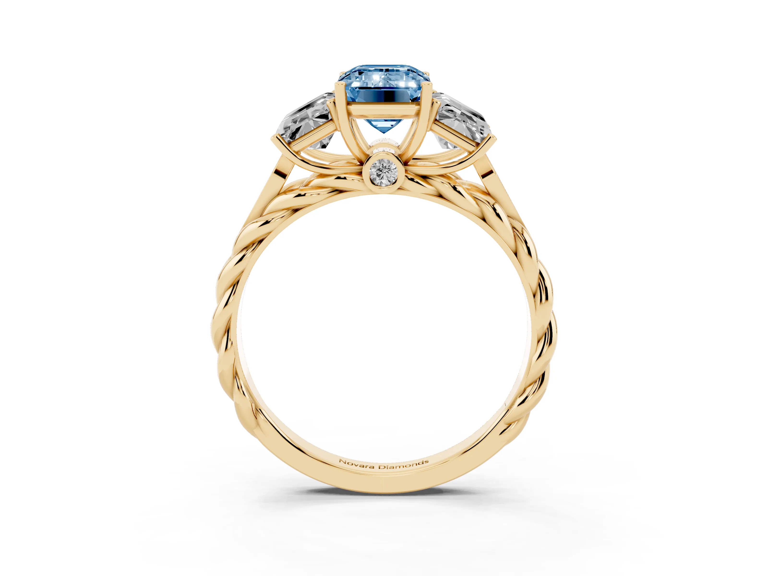 Fancy Blue Radiant Cut Diamond Three-Stone Ring Set in Yellow gold with Braided Band