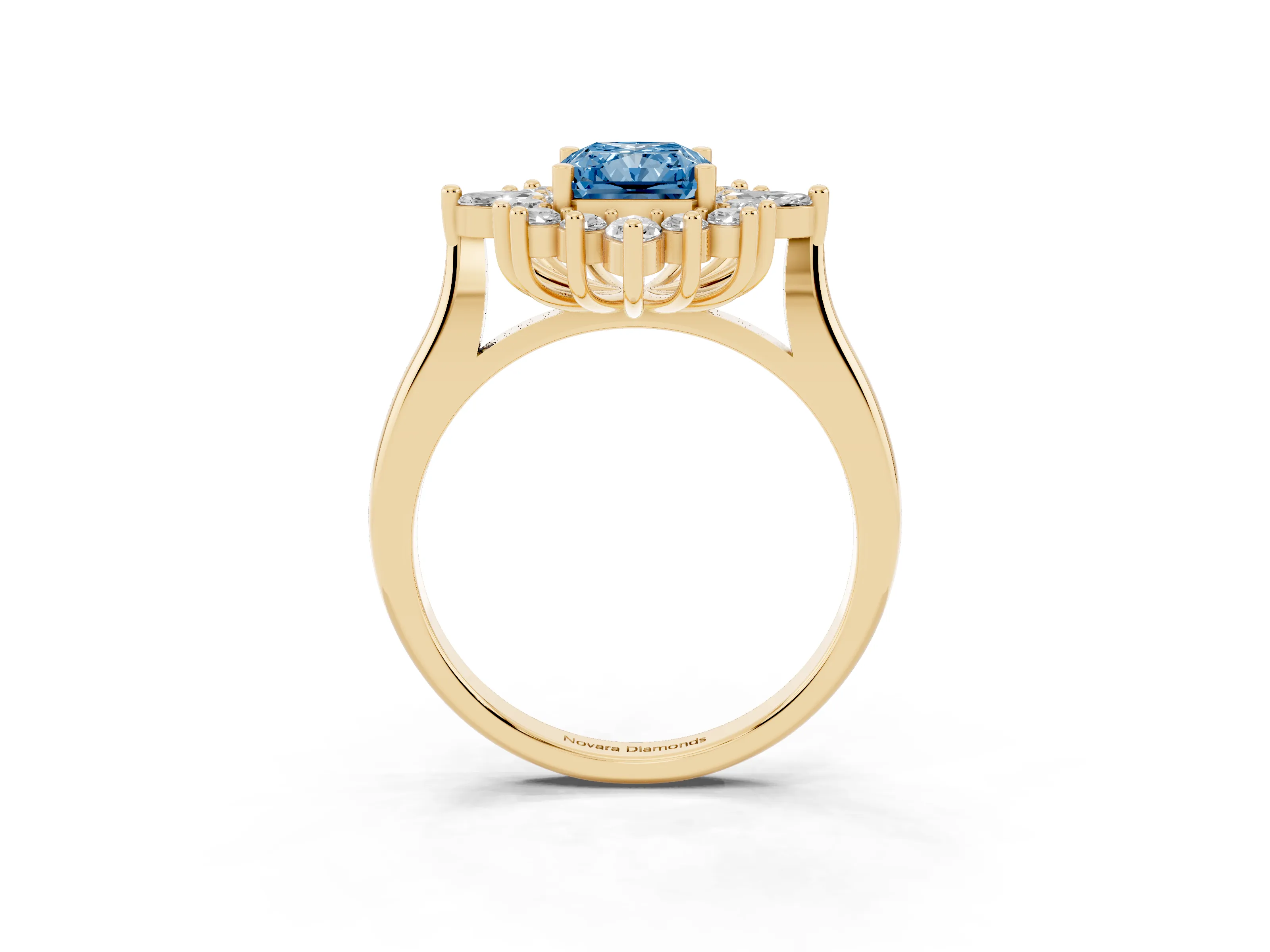 Fancy Blue Radiant Cut Diamond Cluster Halo Ring Set in Yellow gold with Marquise and Round Accents