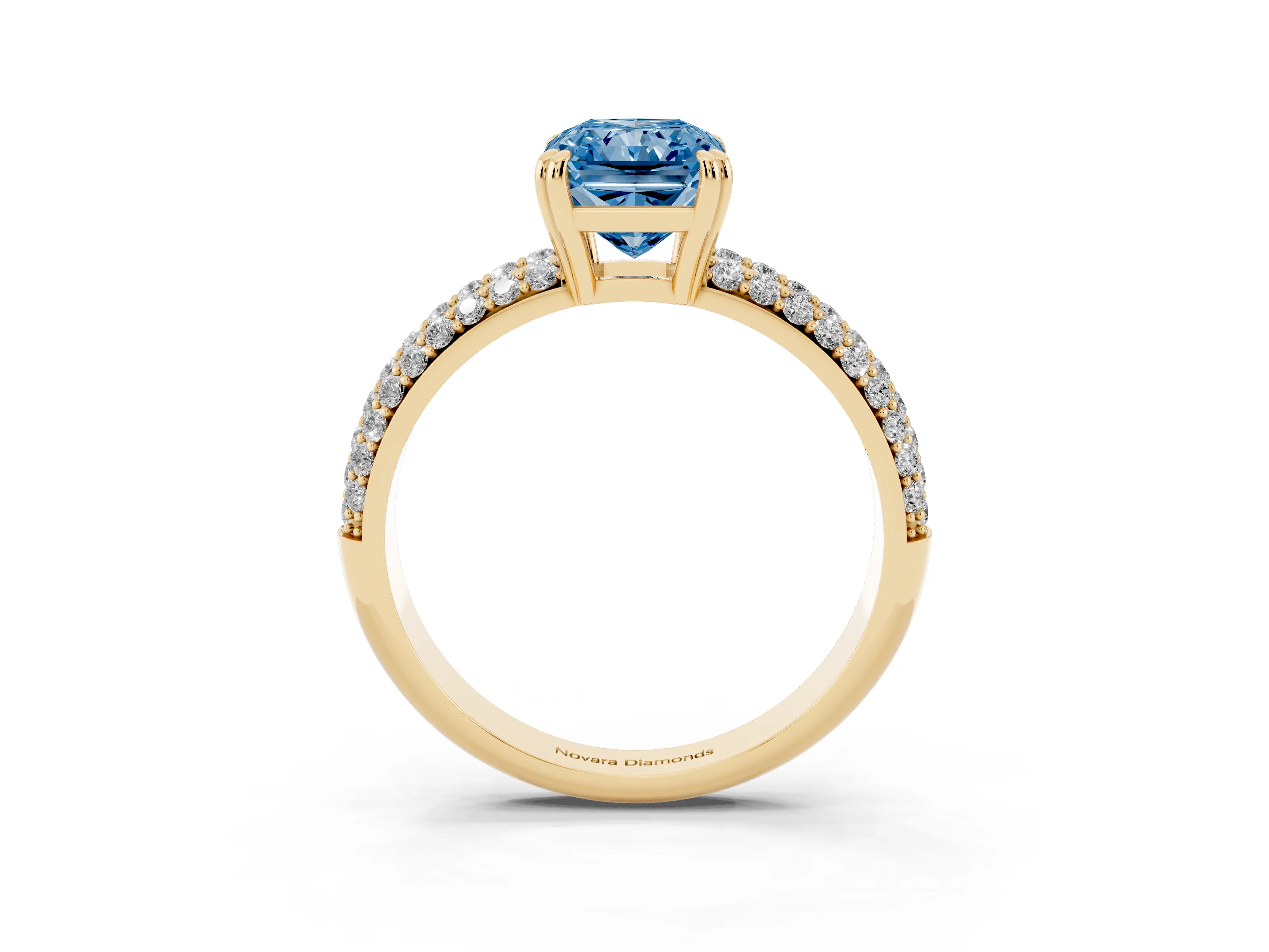 Fancy Blue Radiant Cut Diamond Solitaire Ring Set in Yellow gold with Multi-Row Round Pavé Band and Prong Setting