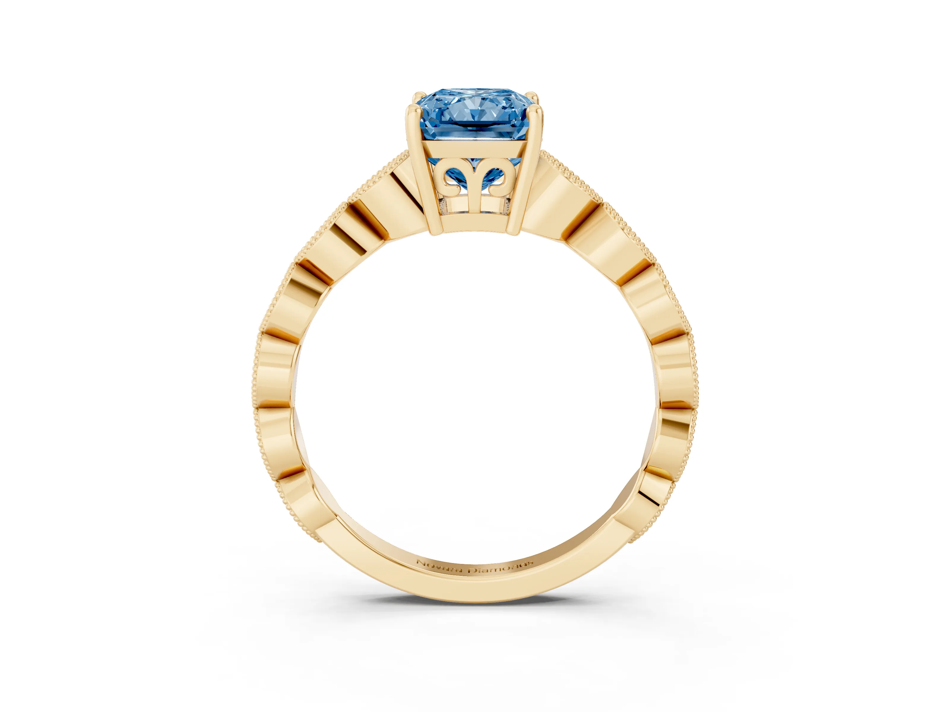 Fancy Blue Radiant Cut Diamond Solitaire Ring Set in Yellow gold with Infinity Twist Pavé Band