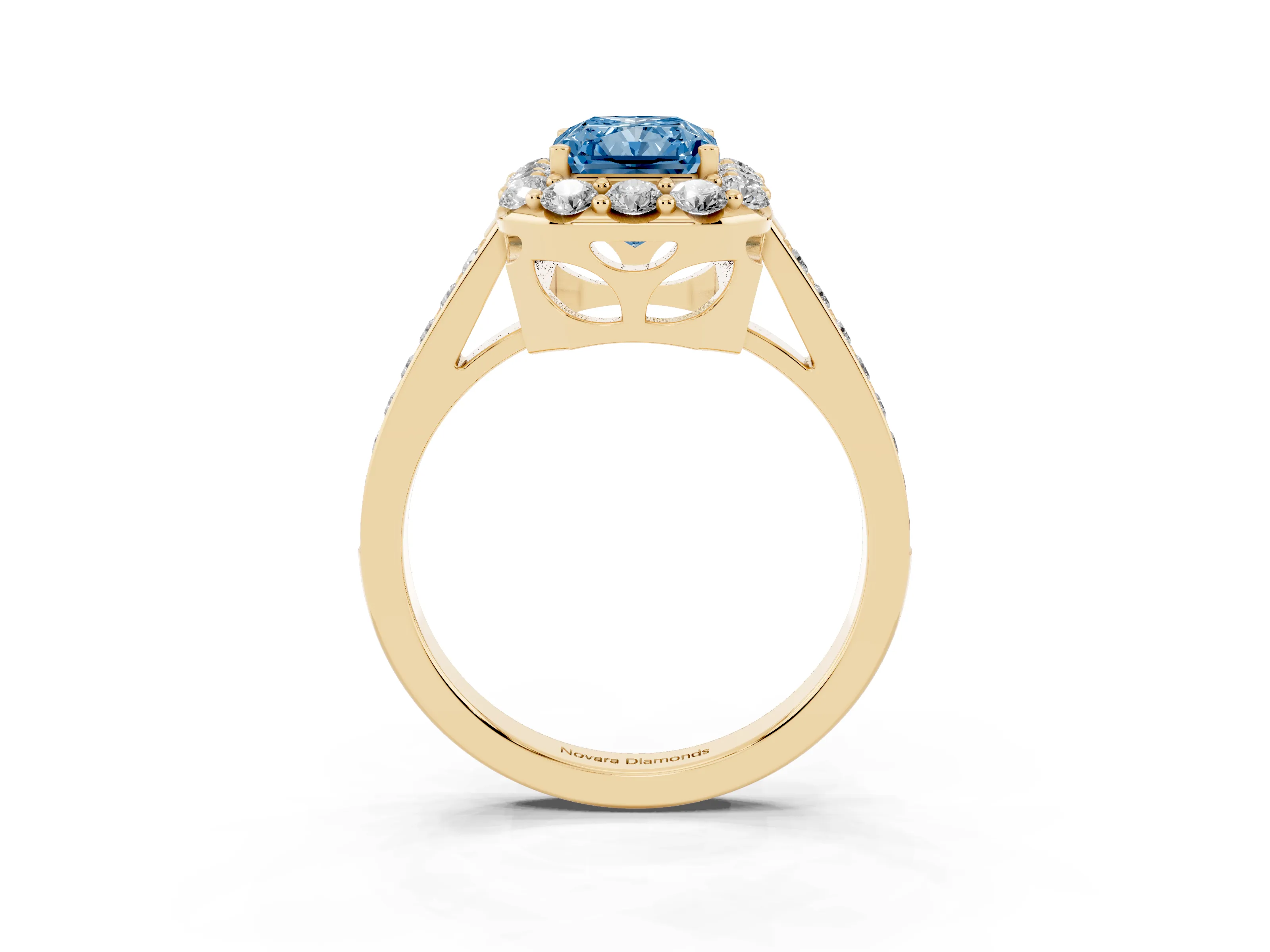 Fancy Blue Radiant Cut Diamond Floral Halo Ring Set in Yellow gold with Pavé Band and Prong Setting