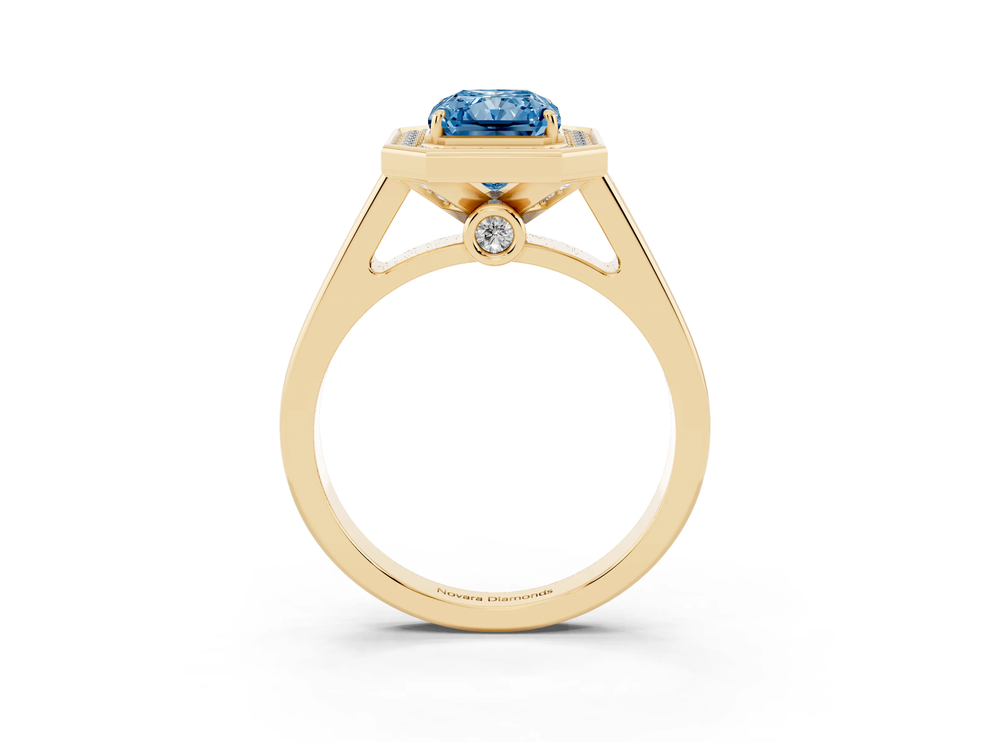 Fancy Blue Radiant Cut Diamond Halo Solitaire Ring Set in Yellow gold with Pavé Band and Bezel Setting