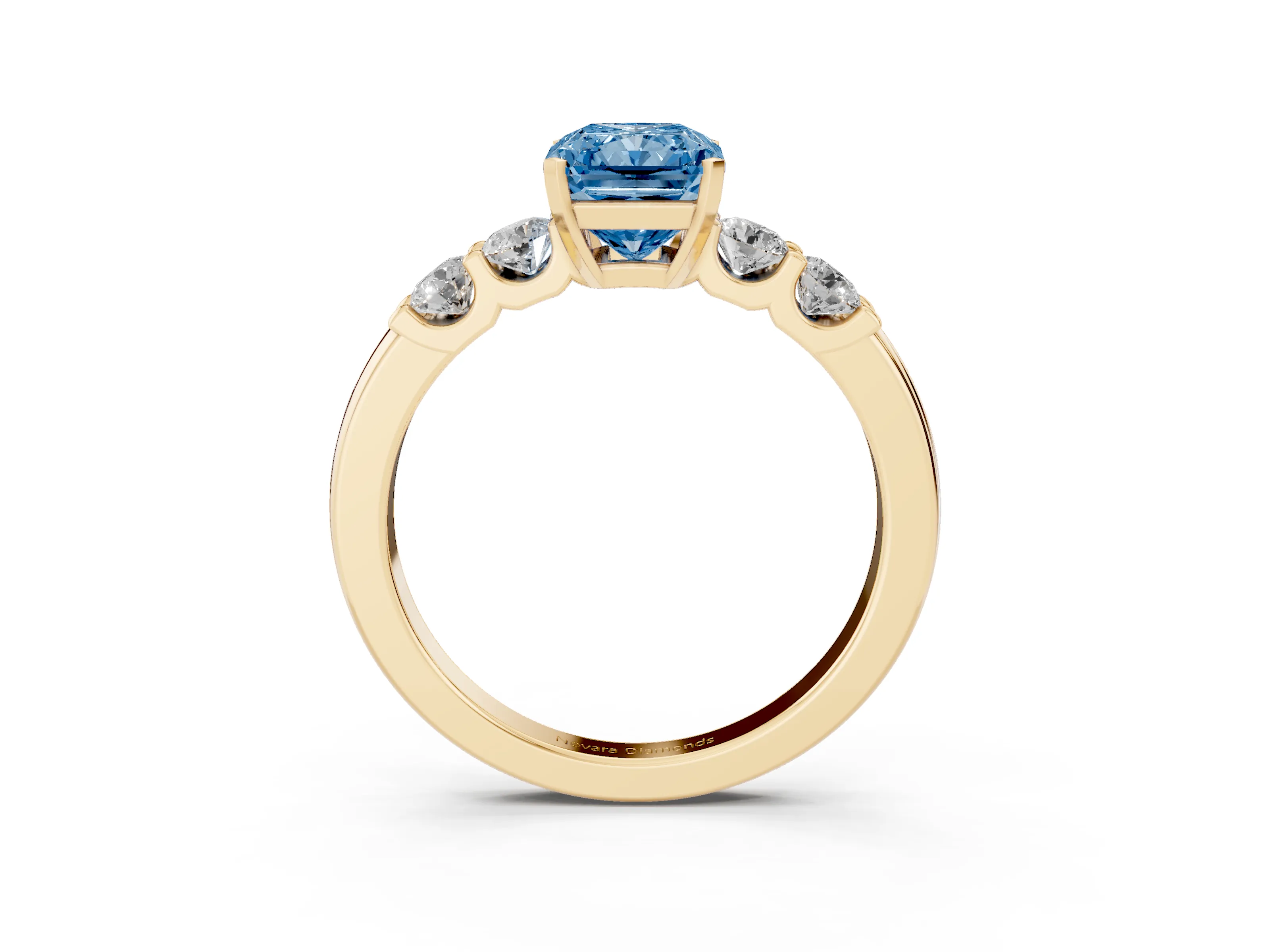 Fancy Blue Radiant Cut Diamond Five-Stone Prong Set Engagement Ring Set in Yellow gold with Channel Band