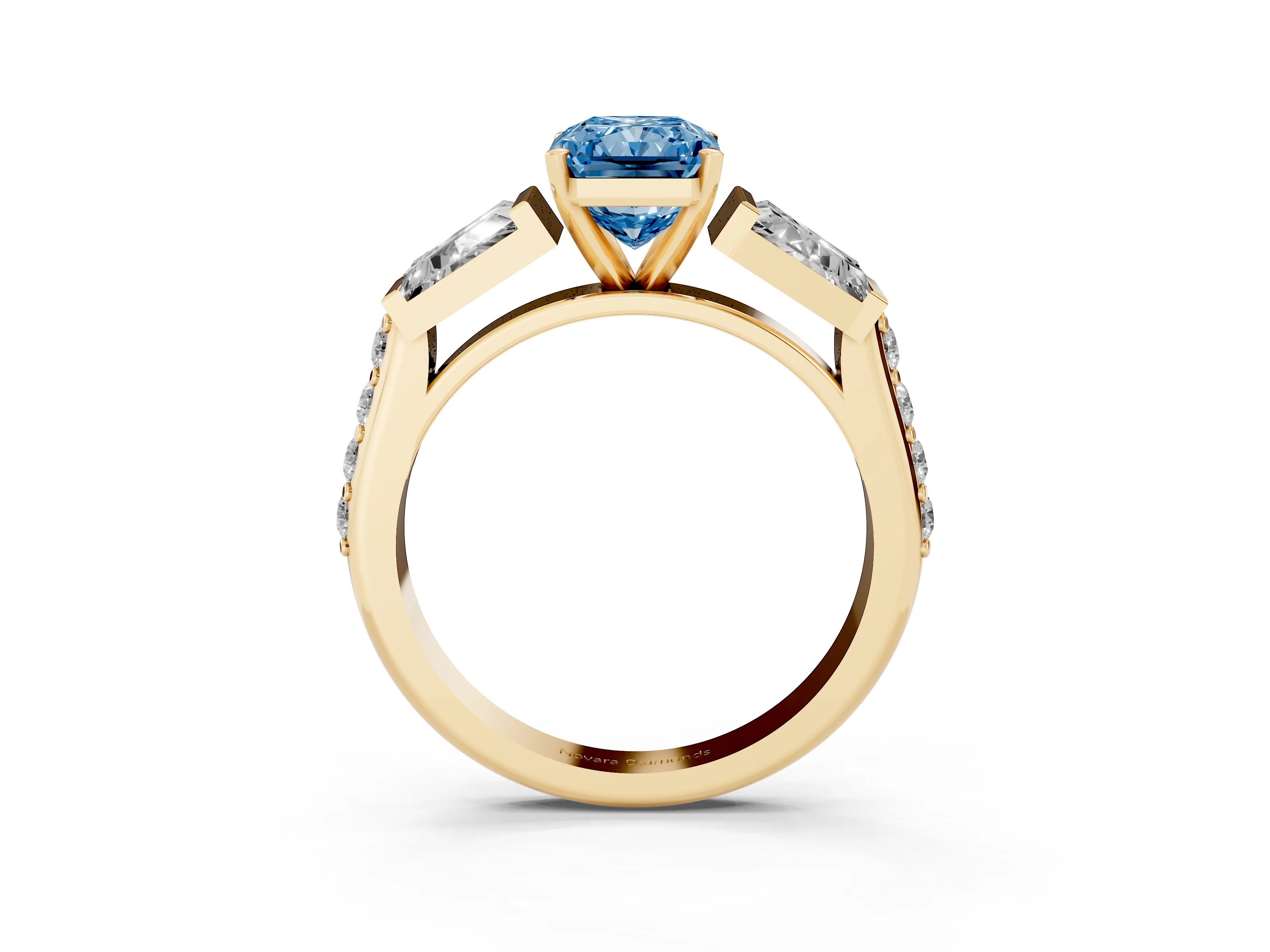 Fancy Blue Radiant Cut Diamond Engagement Ring Set in Yellow gold with Baguette Side Stones and Channel Set Band