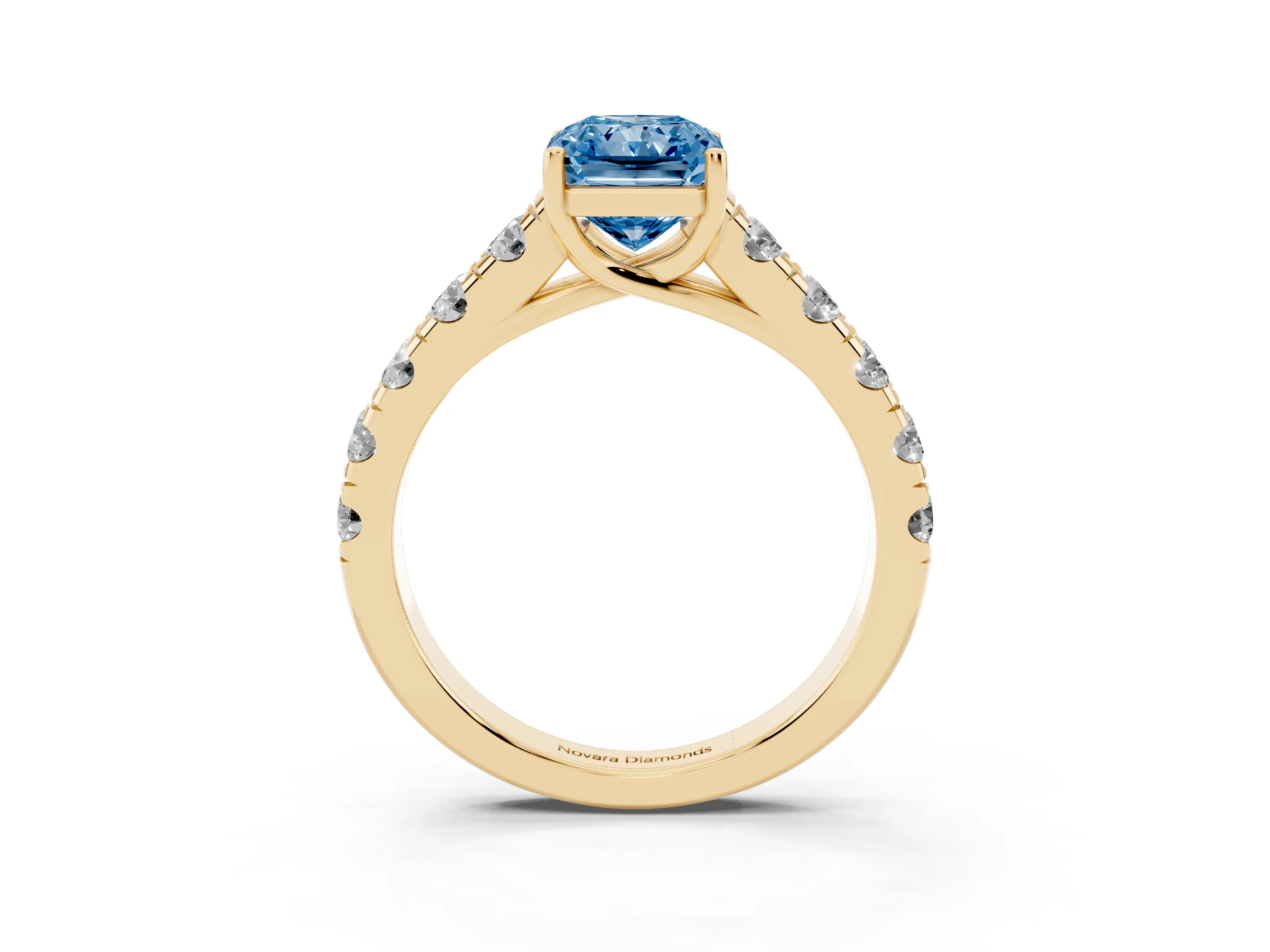Fancy Blue Radiant Cut Diamond Solitaire Ring Set in Yellow gold with Cut-Down Micro Pavé Band and Prong Setting