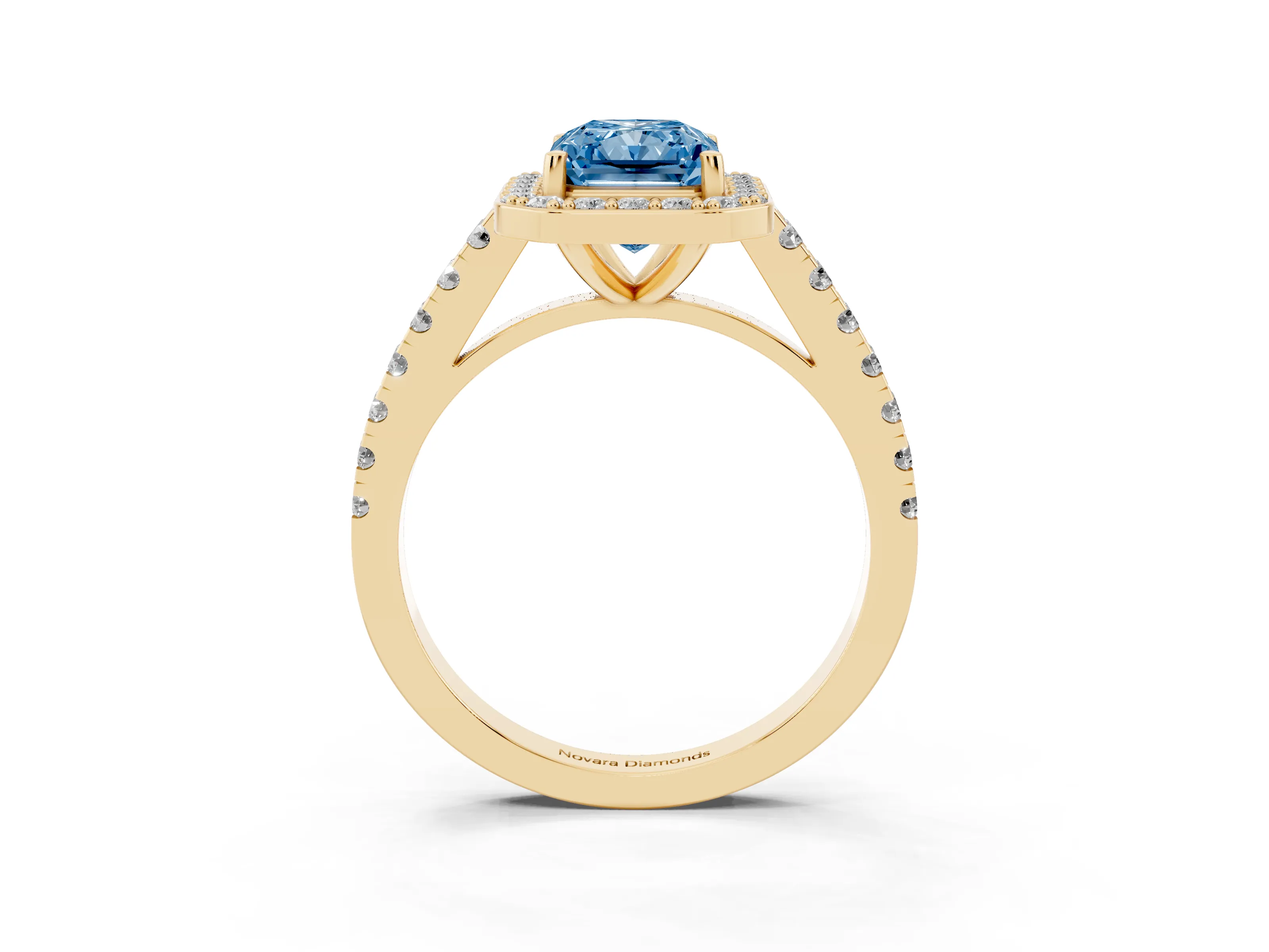 Fancy Blue Radiant Cut Diamond Halo Ring Set in Yellow gold with Round Pavé Split Shank and Prong Setting
