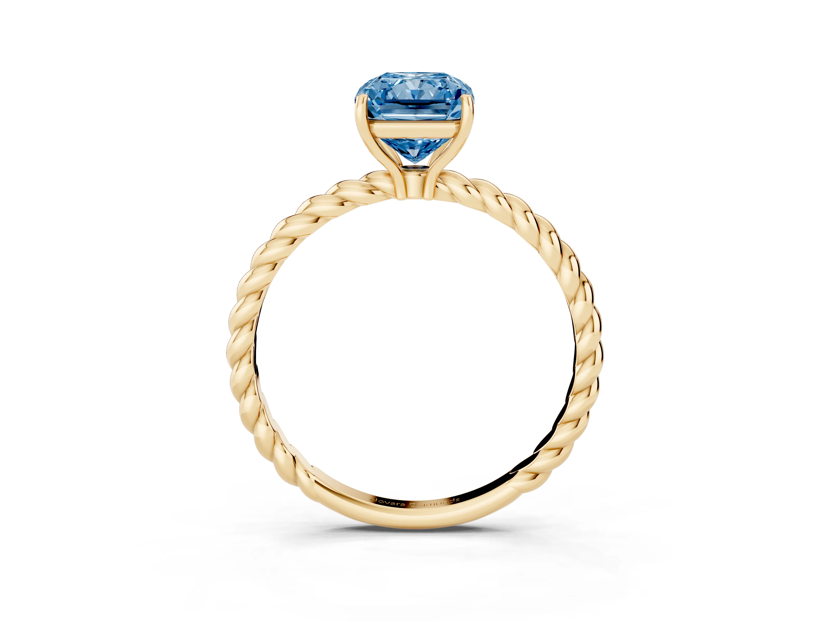 Fancy Blue Radiant Cut Diamond Solitaire Ring Set in Yellow gold with Twist Band and Prong Setting