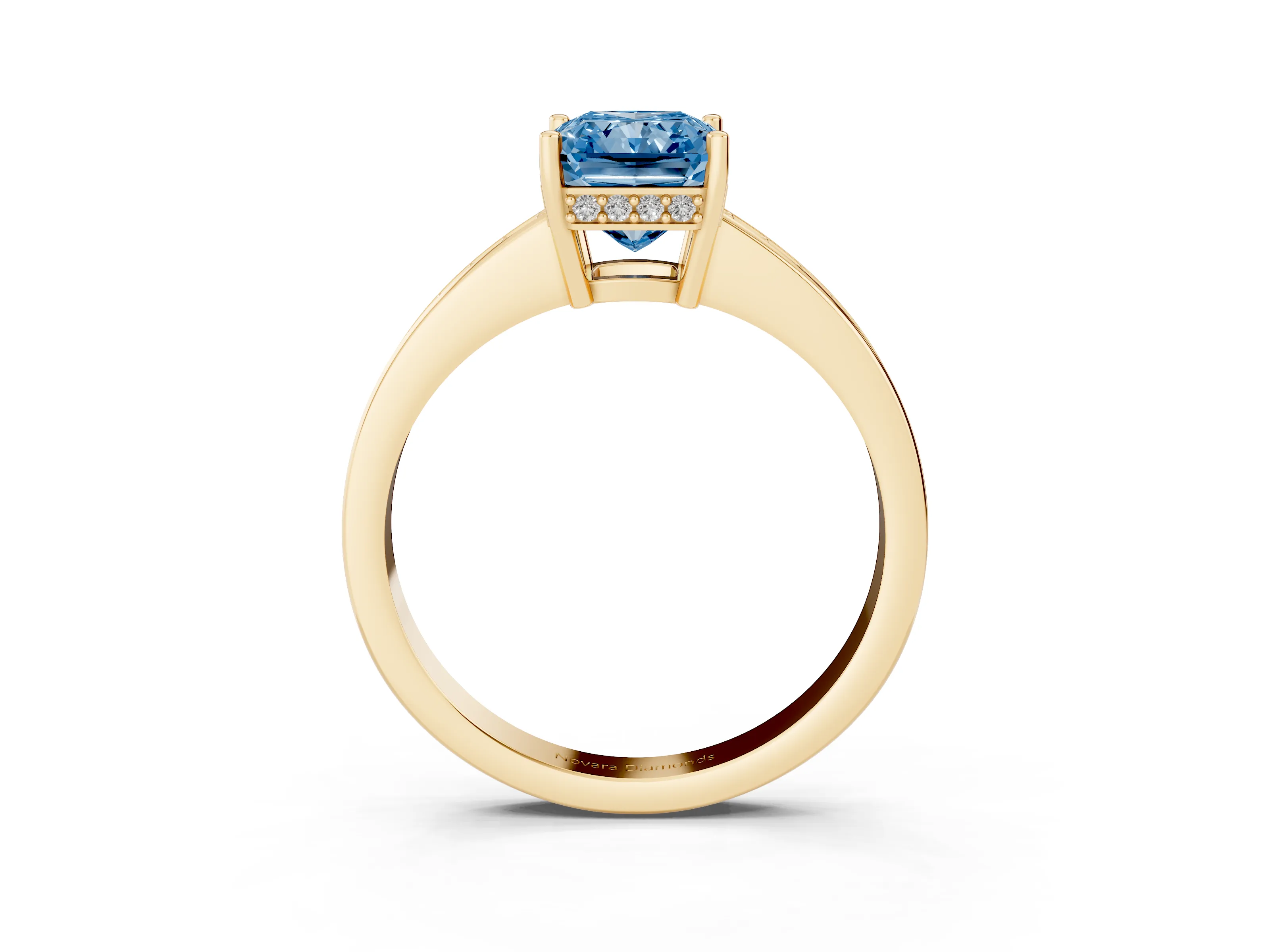 Fancy Blue Radiant Cut Diamond Pavé Band Prong Set Solitaire Ring Set in Yellow gold