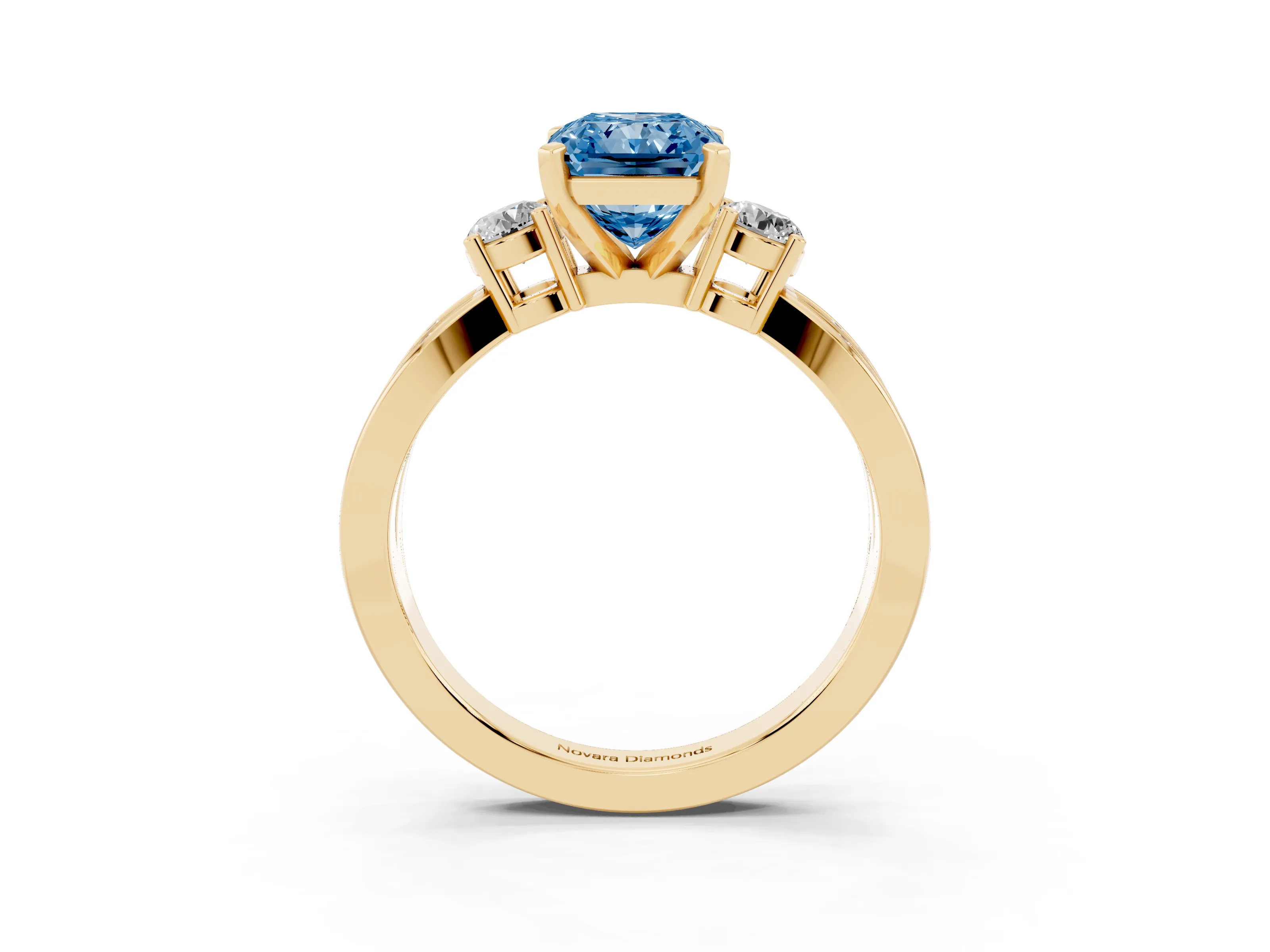 Fancy Blue Three-Stone Radiant Cut Diamond Twist Band Ring Set in Yellow gold with Pavé Accents and Prong Setting