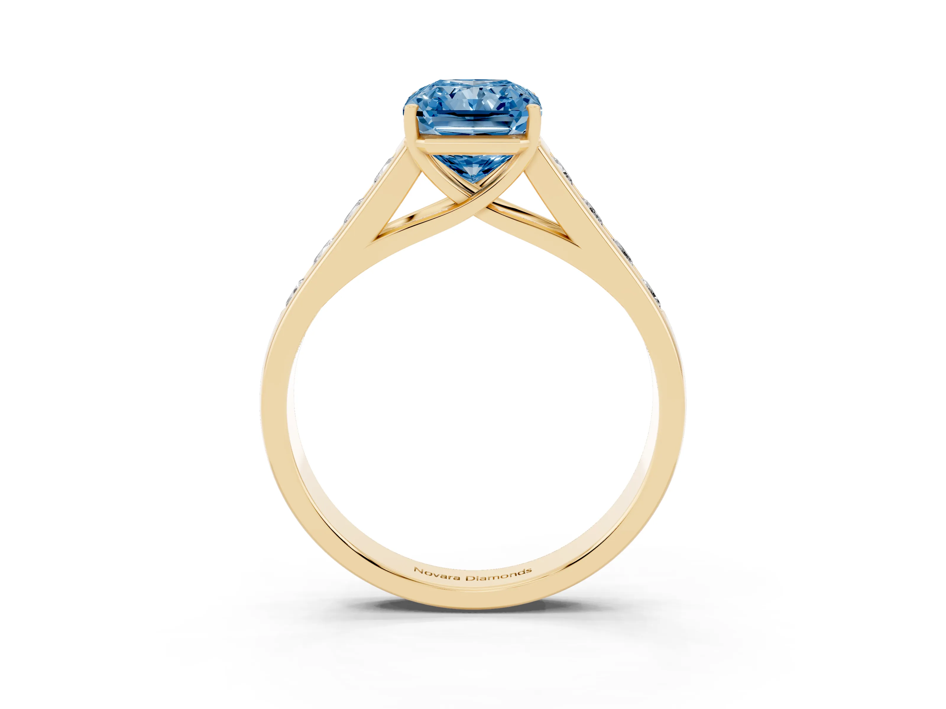 Fancy Blue Radiant Cut Diamond Brilliant Channel-Set Solitaire Ring Set in Yellow gold with Prong Setting