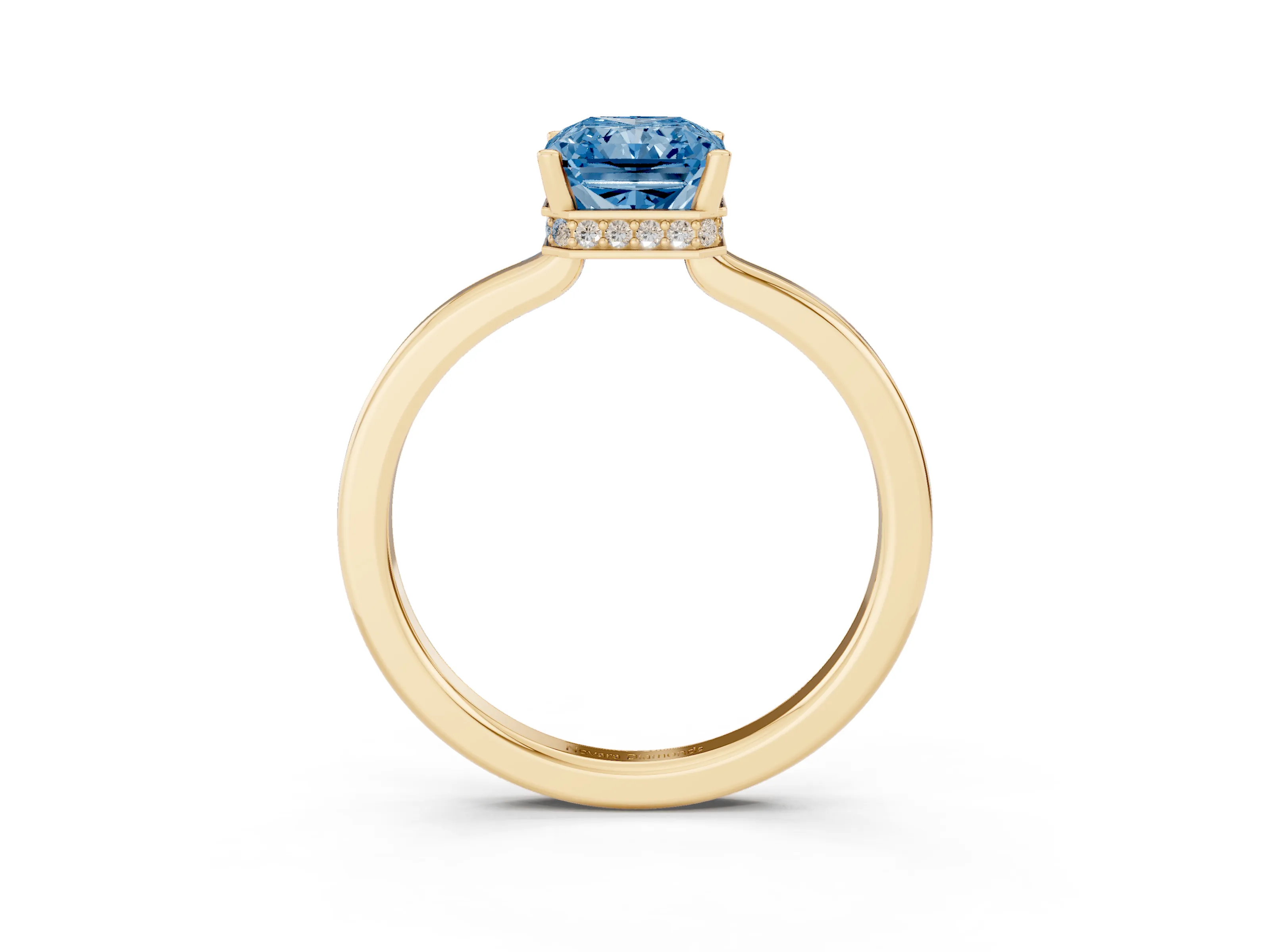 Fancy Blue Radiant Cut Diamond Solitaire Engagement Ring Set in Yellow gold with Prong Setting on a Plain Band