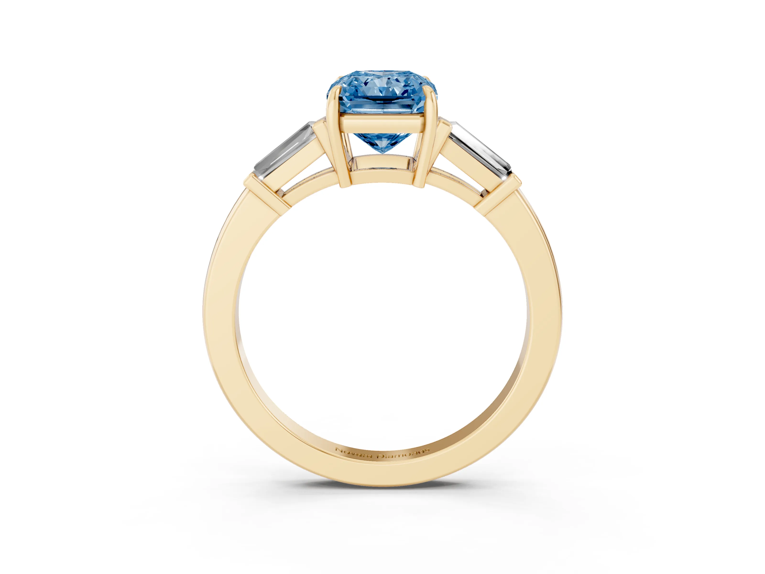 Fancy Blue Radiant Cut Diamond Three-Stone Ring Set in Yellow gold with Tapered Baguette Side Stones and Prong Setting