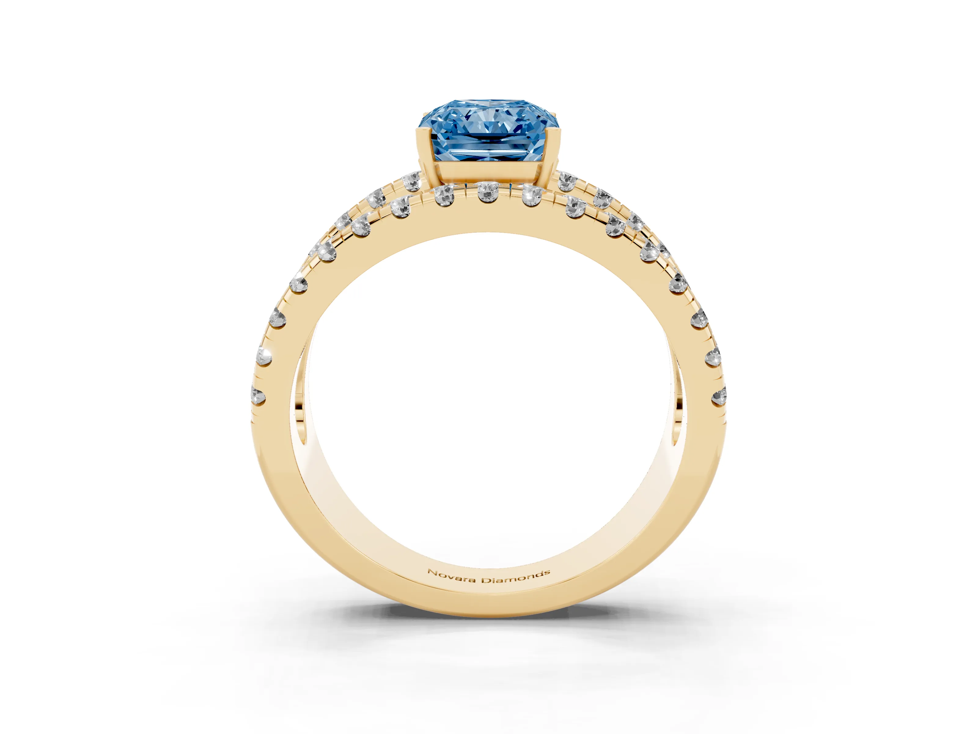 Fancy Blue Radiant Cut Diamond Split Shank Pavé Solitaire Ring Set in Yellow gold with Open Shank Design