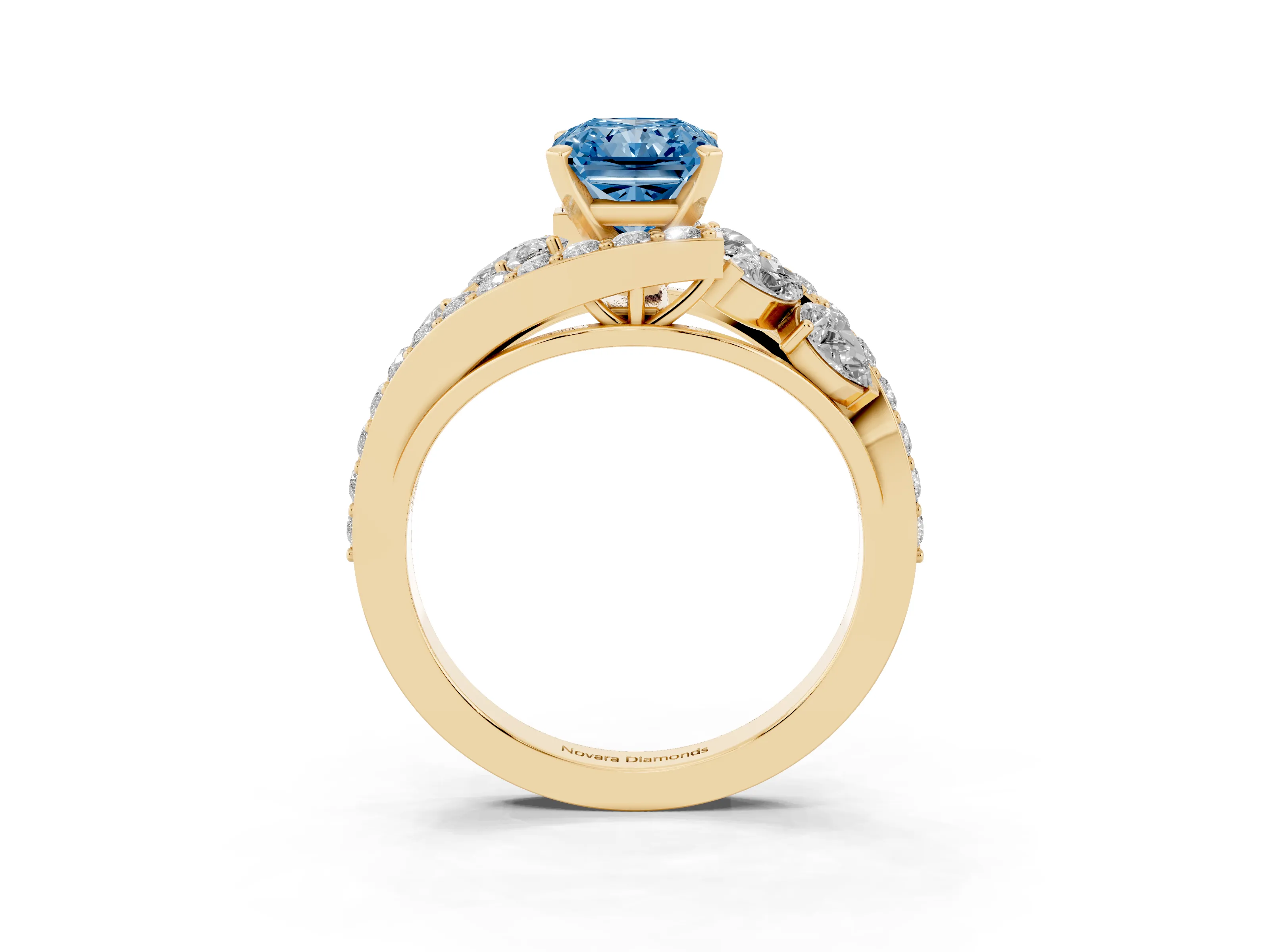 Fancy Blue Radiant Cut Diamond Halo Ring Set in Yellow gold with Marquise and Pavé Band in Prong Setting