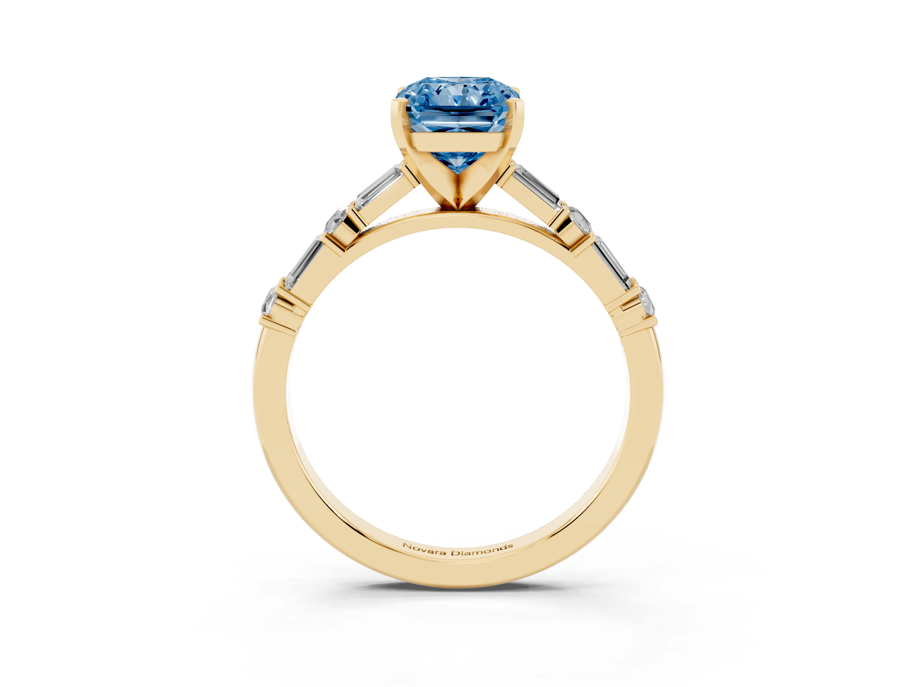 Fancy Blue Radiant Cut Diamond Solitaire Set in Yellow gold with Side Baguettes and Channel Set Band