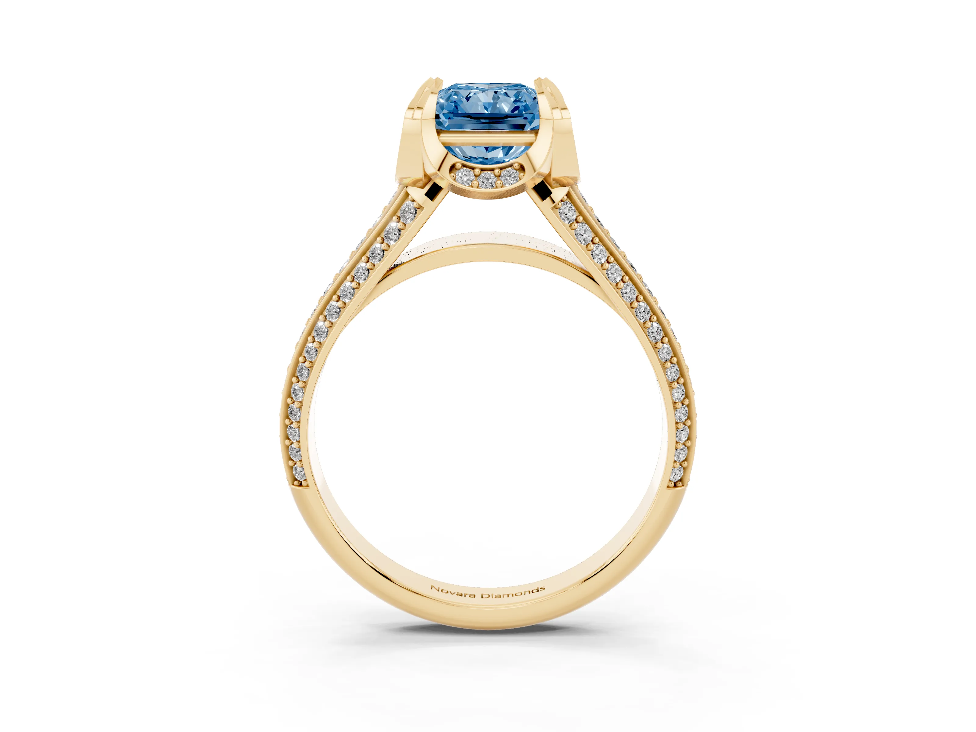 Fancy Blue Radiant Cut Diamond Pavé Split Shank Solitaire Ring Set in Yellow gold with Prong Setting