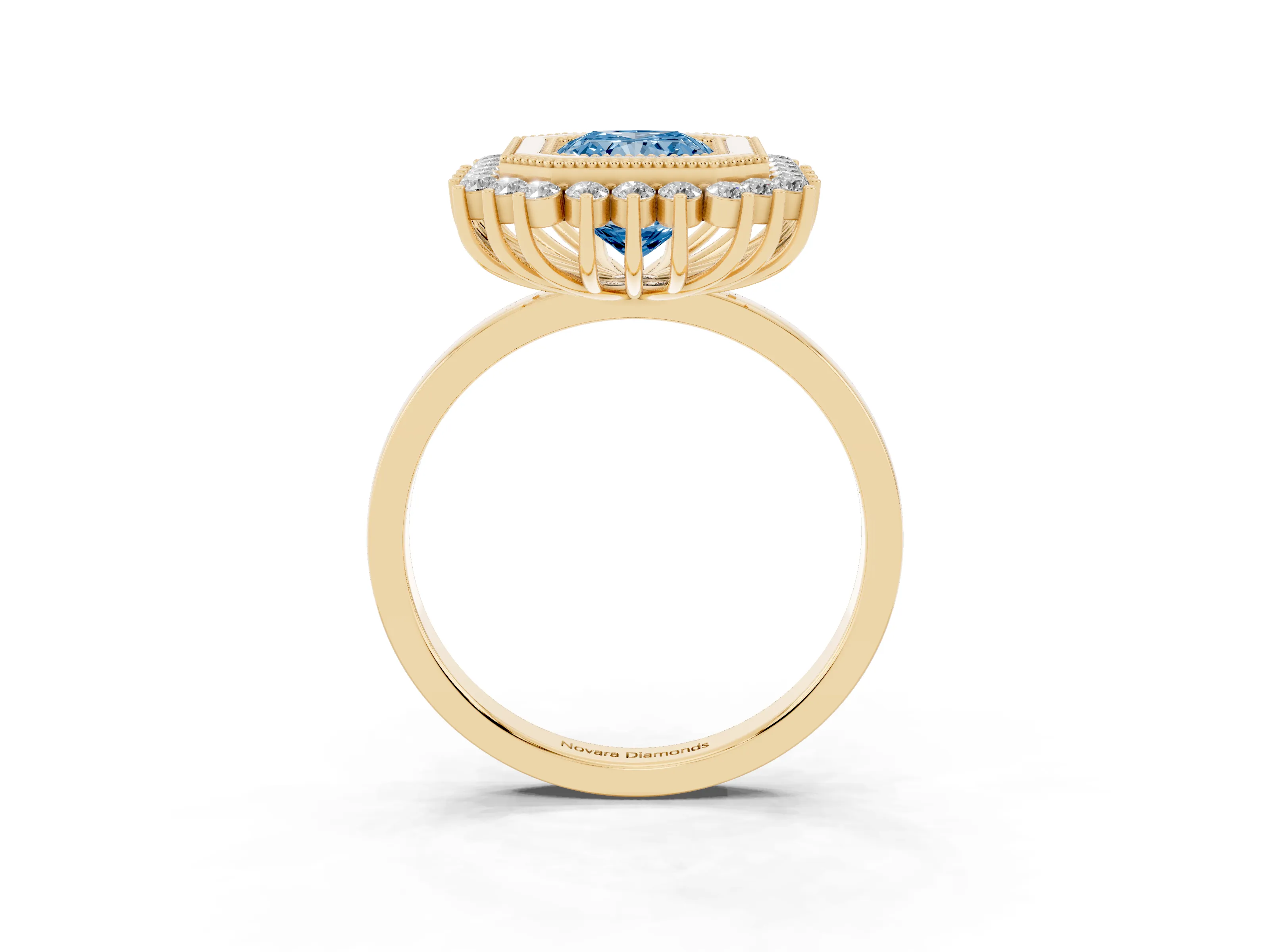 Fancy Blue Radiant Cut Diamond Halo Ring Set in Yellow gold with Milgrain Edge and Round Prong Setting