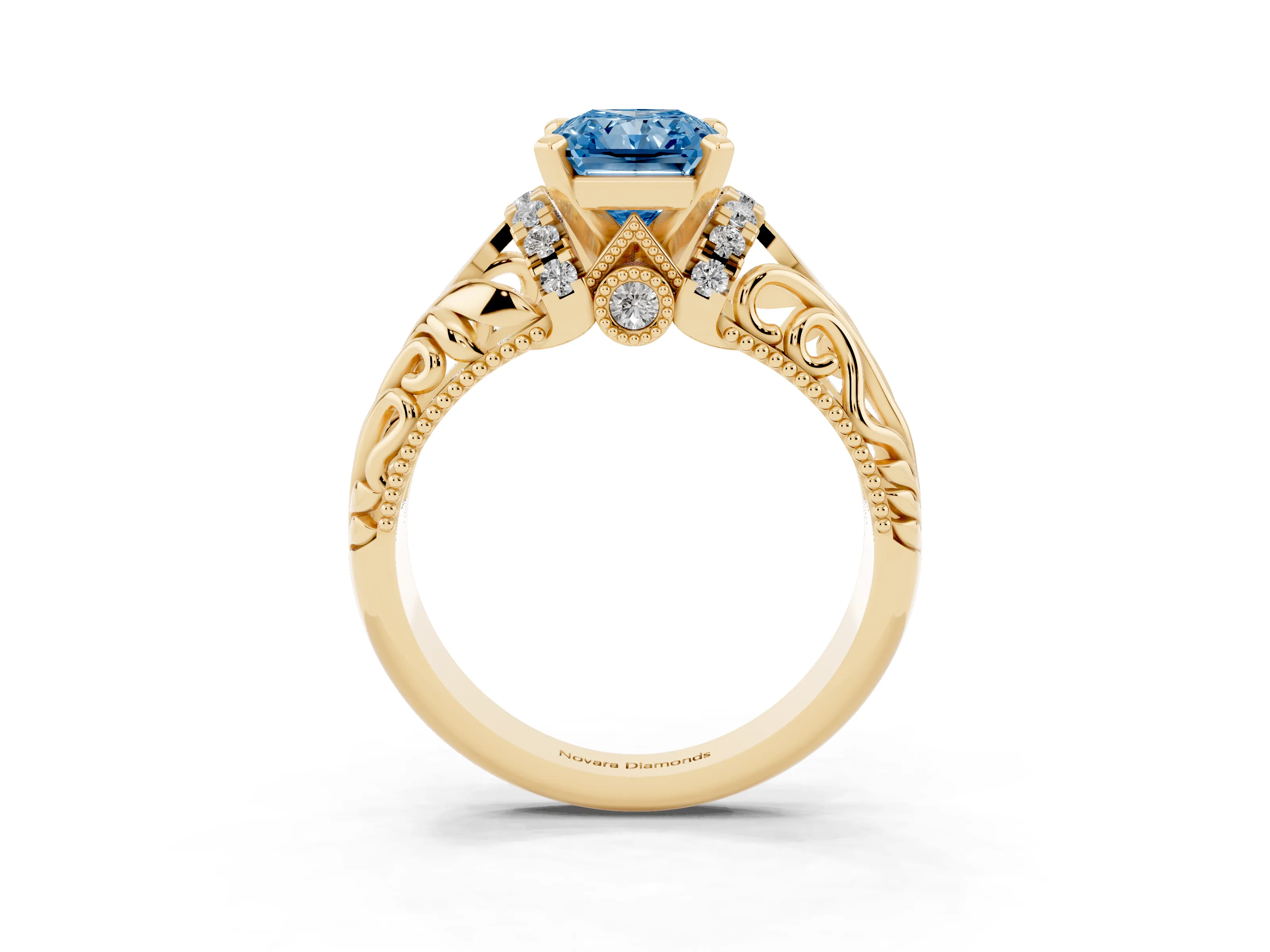 Fancy Blue Radiant Cut Diamond Filigree Halo Engagement Ring Set in Yellow gold with Prong Setting