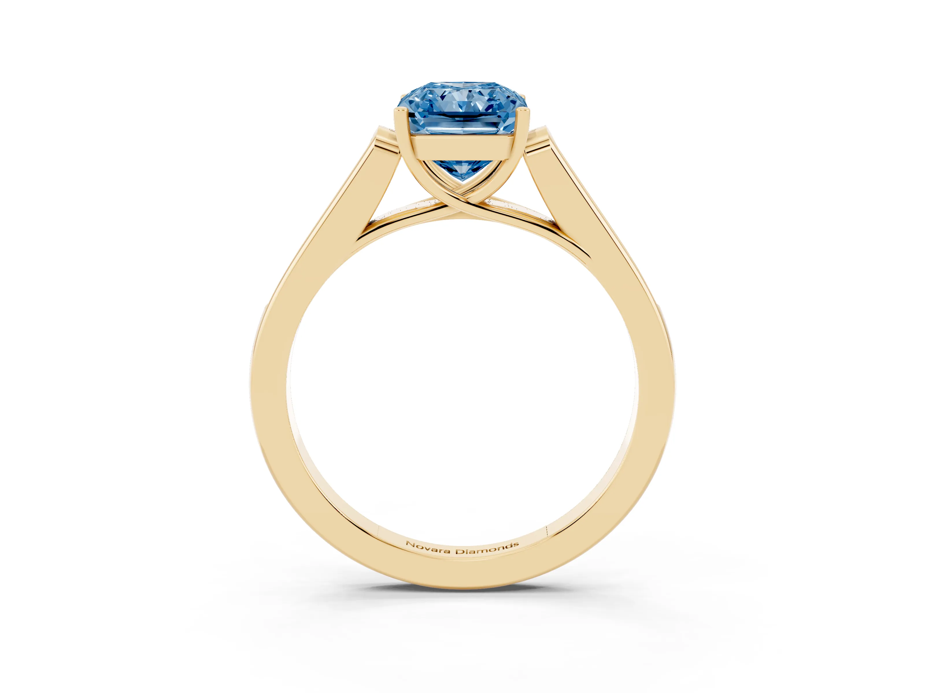 Fancy Blue Radiant Cut Diamond Solitaire Cathedral Engagement Ring Set in Yellow gold with Channel-Set Band and Prong Setting
