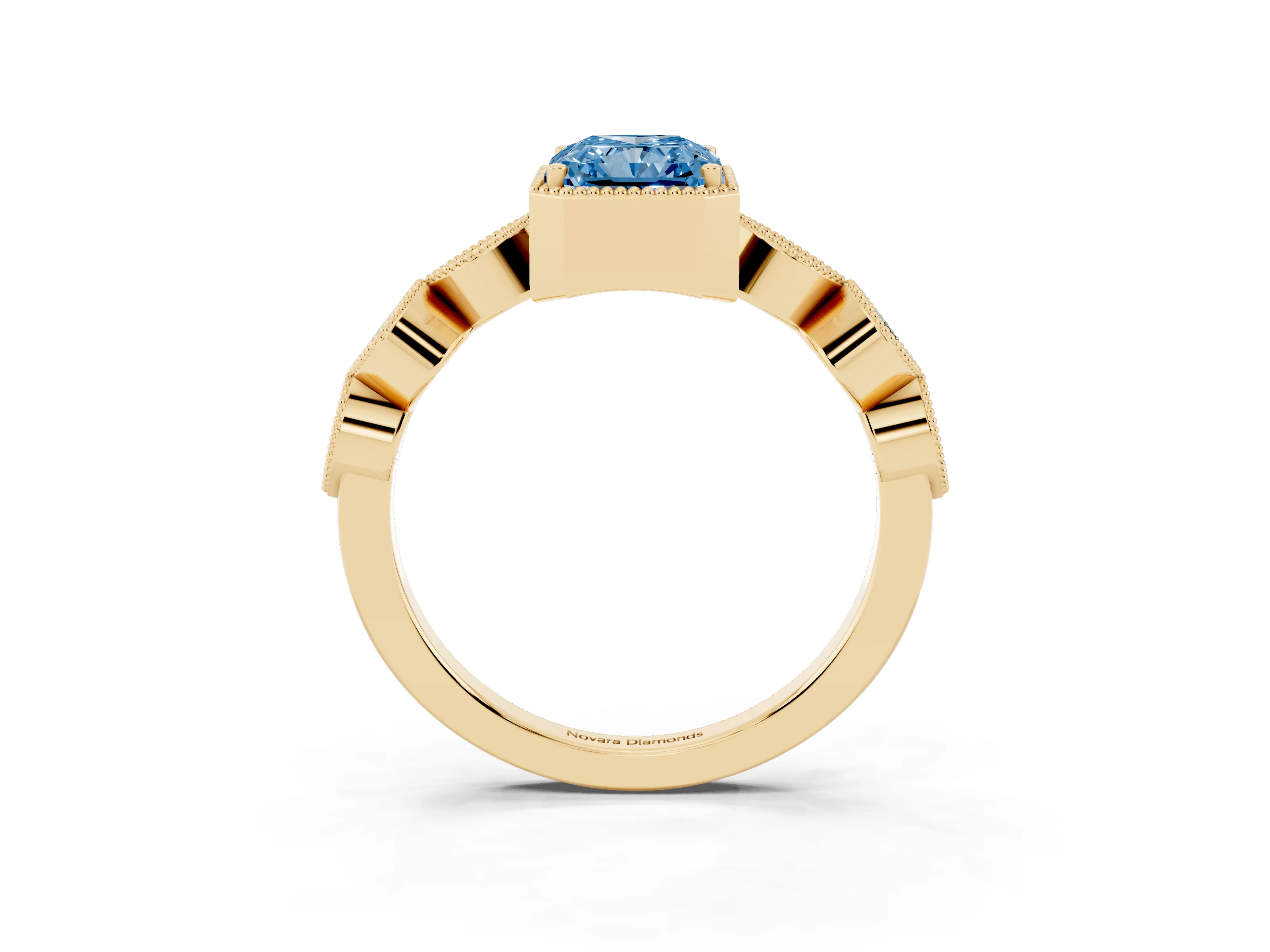 Fancy Blue Radiant Cut Diamond Vintage-Inspired Milgrain Ring Set in Yellow gold with Marquise Stations of Round Accents