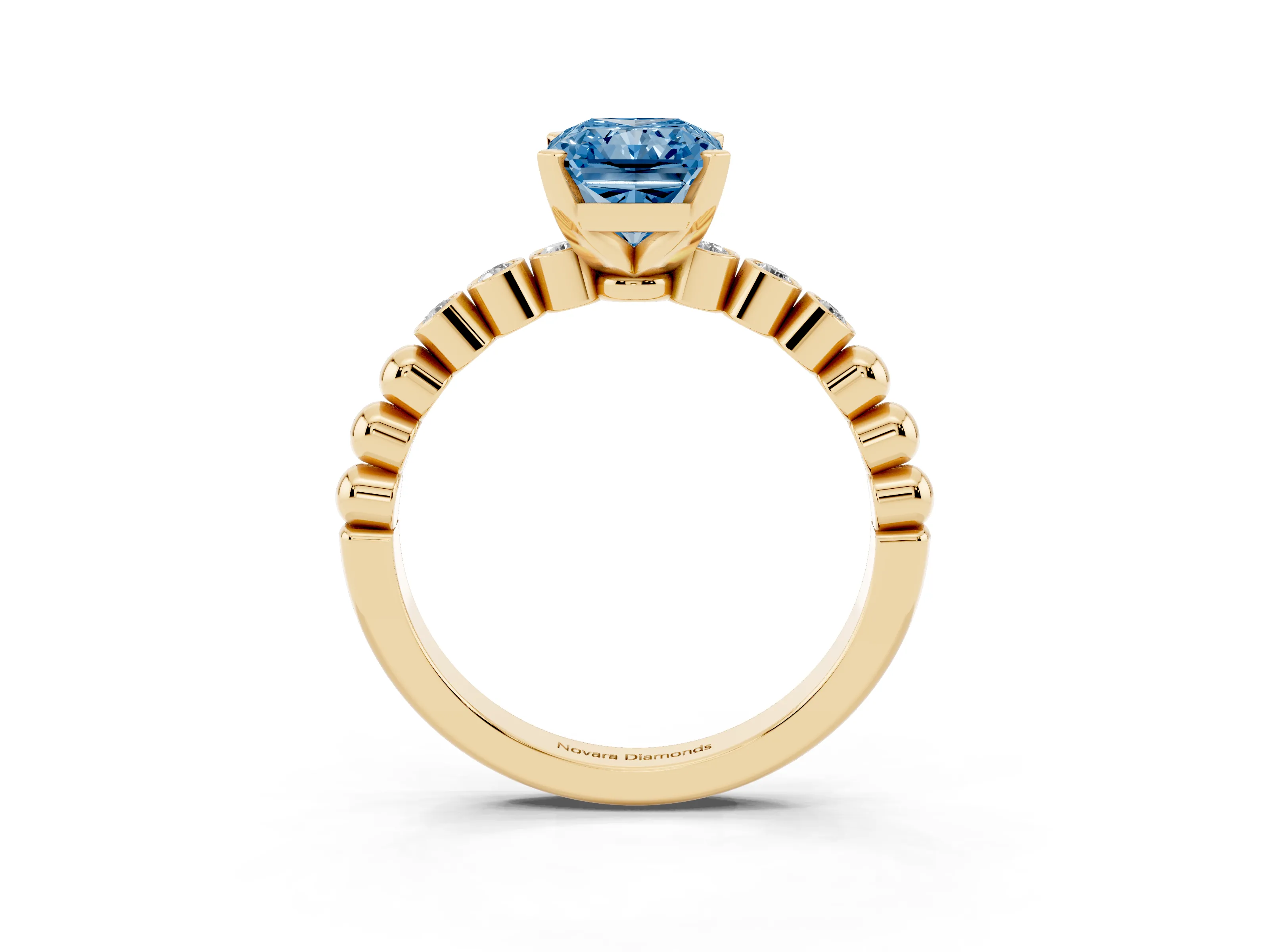 Fancy Blue Radiant Cut Diamond Solitaire Engagement Ring Set in Yellow gold with Bezel Accents on Beaded Band