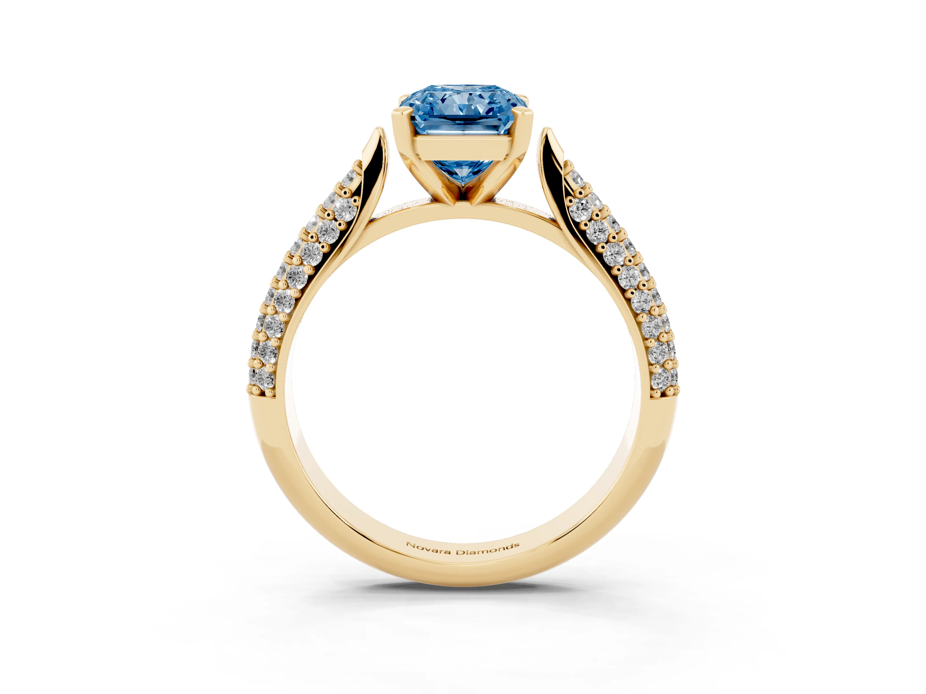 Fancy Blue Radiant Cut Diamond Solitaire Engagement Ring Set in Yellow gold with Multi-Row Round Pavé Band and Prong Setting
