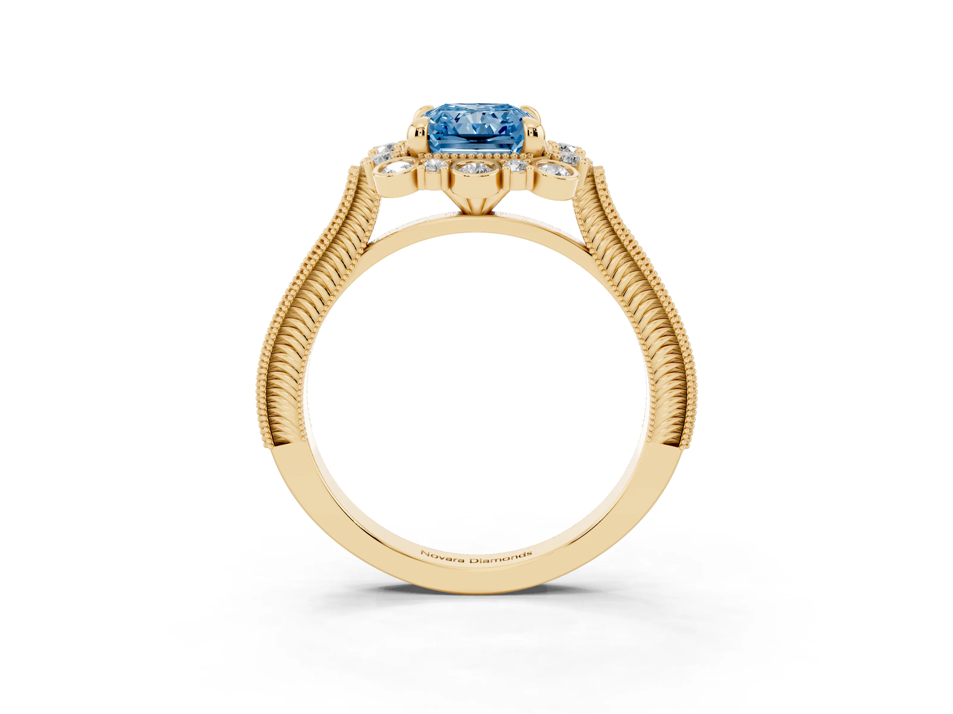 Fancy Blue Radiant Cut Diamond Halo Milgrain Pavé Ring Set in Yellow gold with Prong Setting