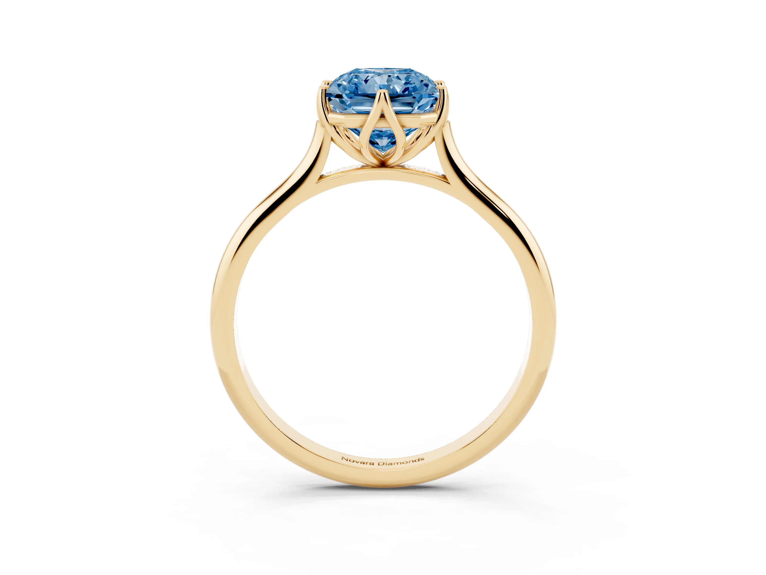 Fancy Blue Radiant Cut Diamond Solitaire Cathedral Ring Set in Yellow gold with Prong Setting