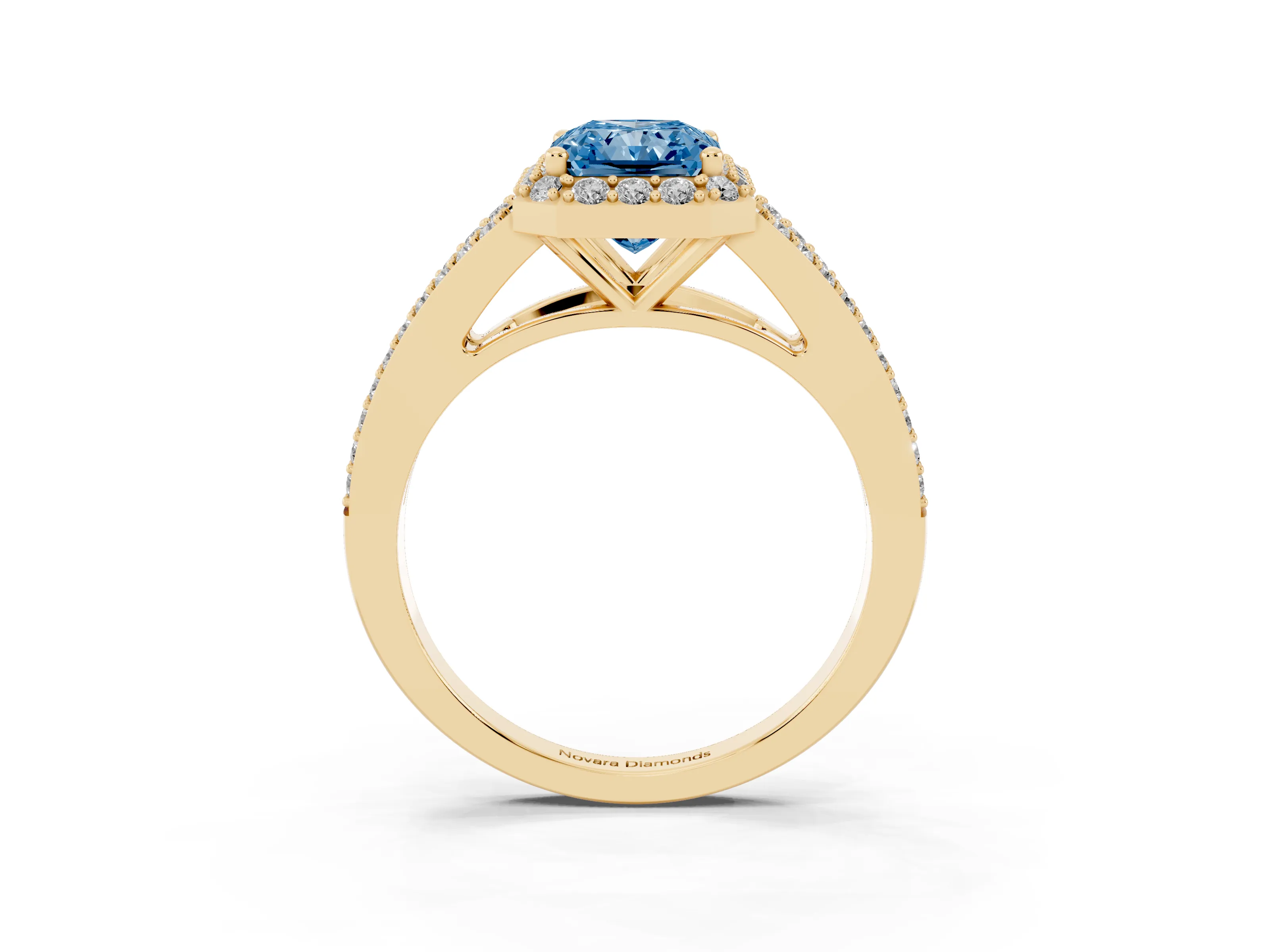 Fancy Blue Radiant Cut Diamond Halo Split Shank Pavé Ring Set in Yellow gold with Prong Setting