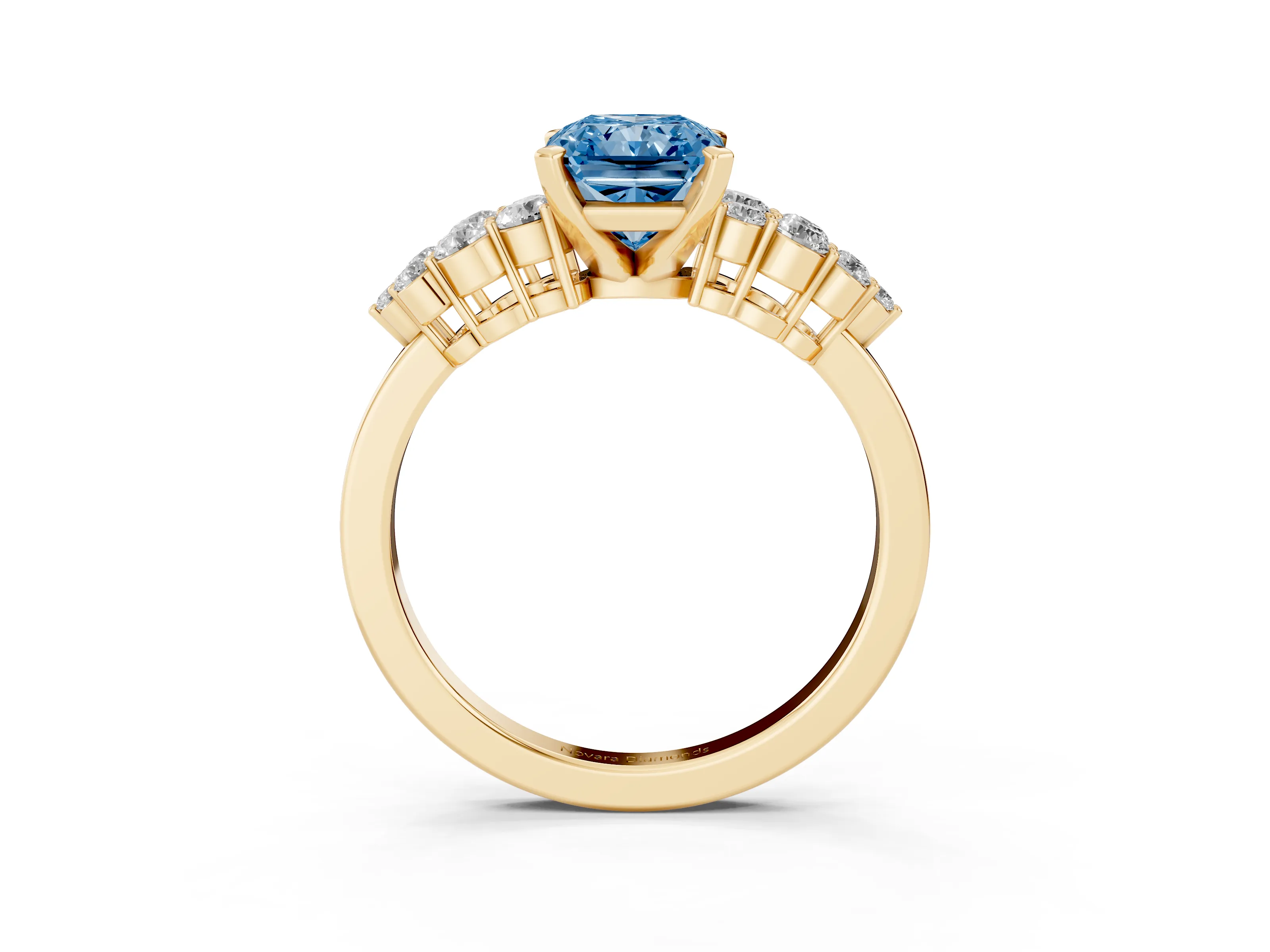 Fancy Blue Radiant Cut Diamond Cluster Engagement Ring Set in Yellow gold with Pavé Band and Prong Setting